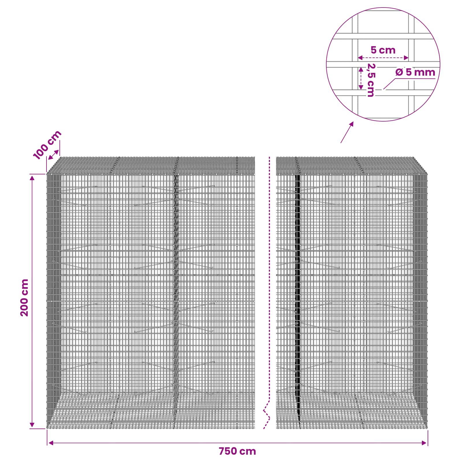 Gabion z žico 5 mm in mrežo 5x2,5 cm 750x100x200 cm