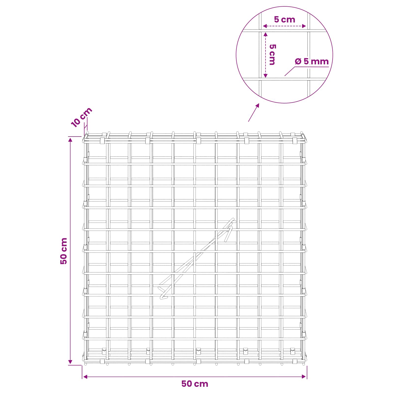 Gabion z žico 5 mm in mrežo 5x5 cm 50x10x50 cm Pocinkano jeklo