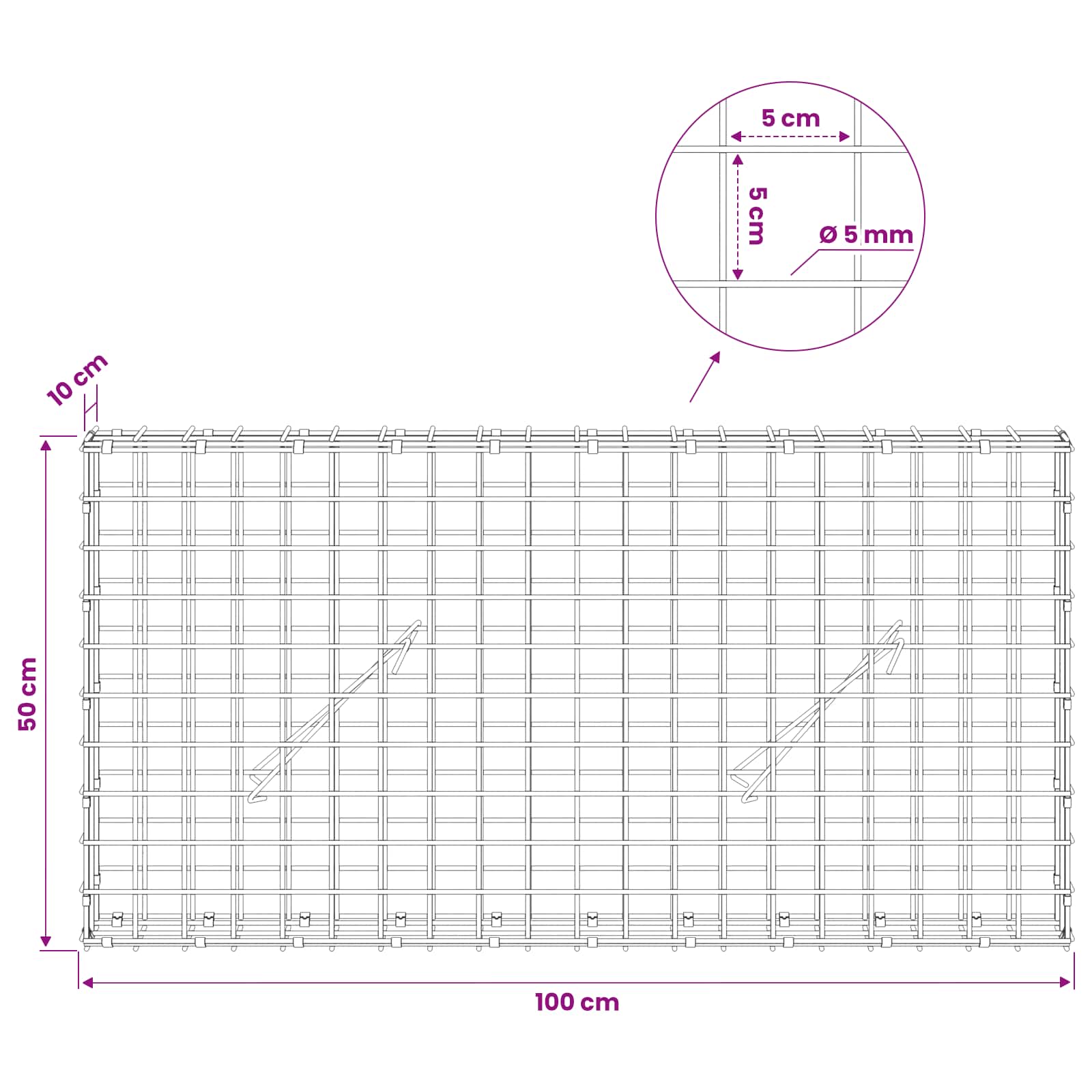 Gabion z žico 5 mm in mrežo 5x5 cm 100x10x50 cm Pocinkano jeklo