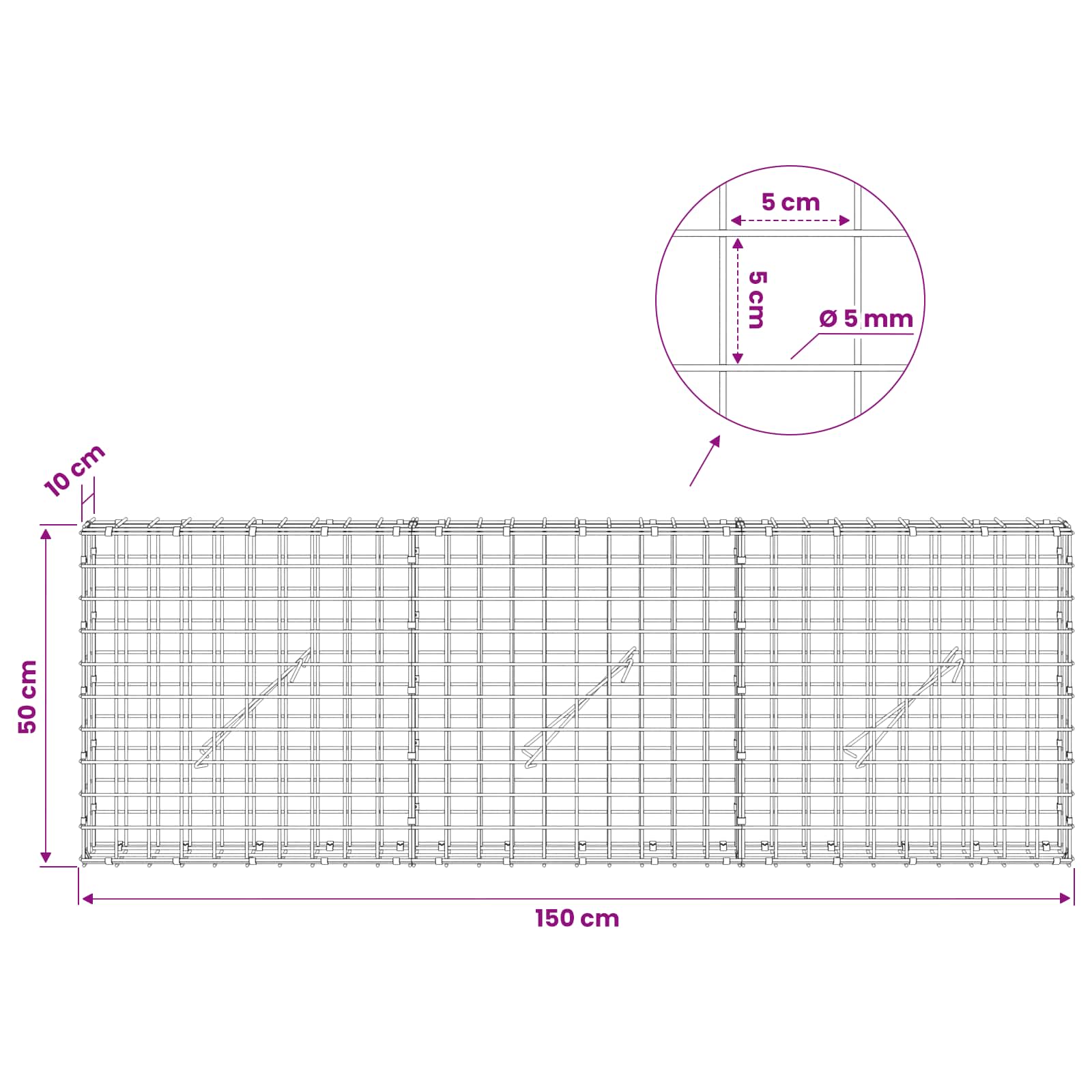 Gabion z žico 5 mm in mrežo 5x5 cm 150x10x50 cm Pocinkano jeklo