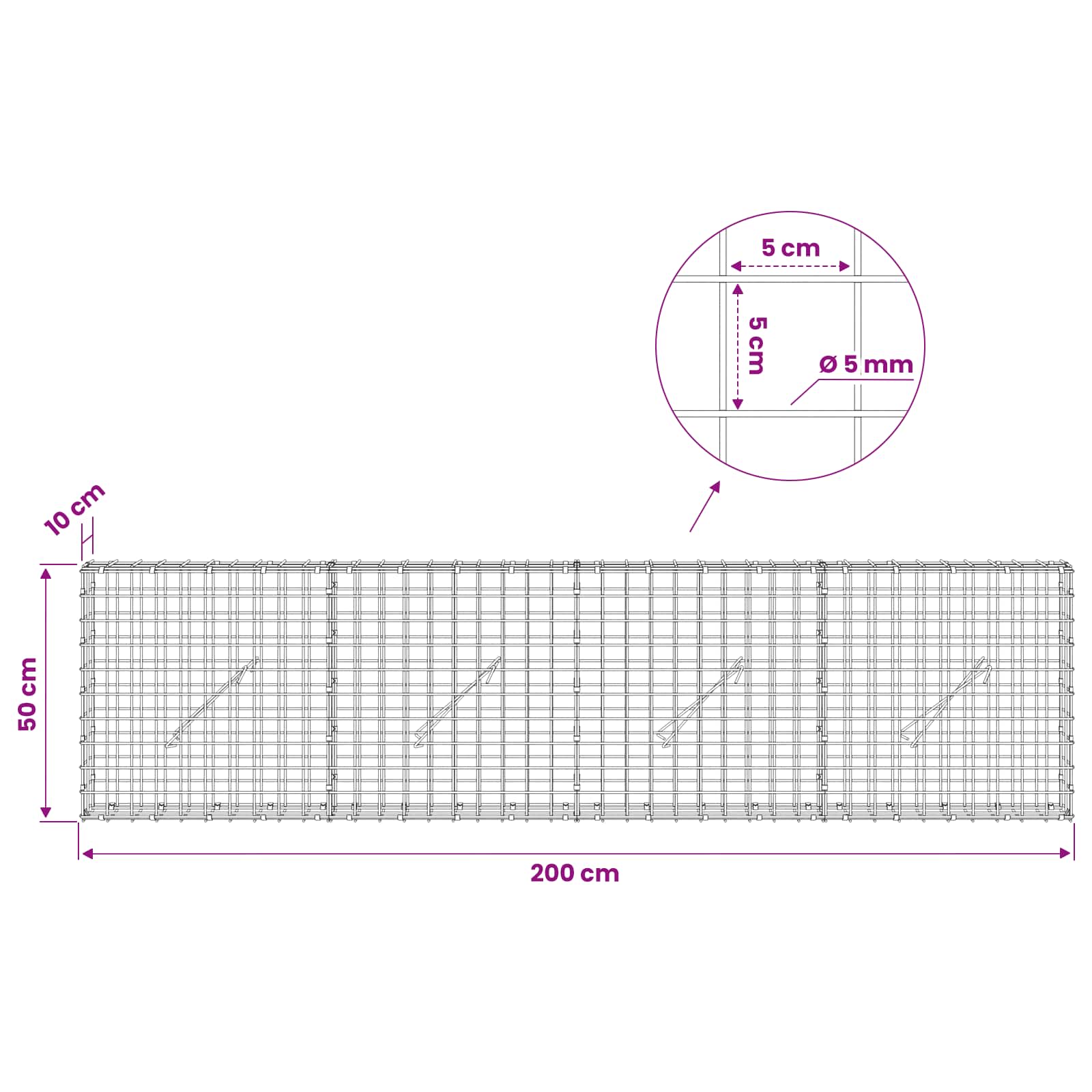 Gabion z žico 5 mm in mrežo 5x5 cm 200x10x50 cm Pocinkano jeklo