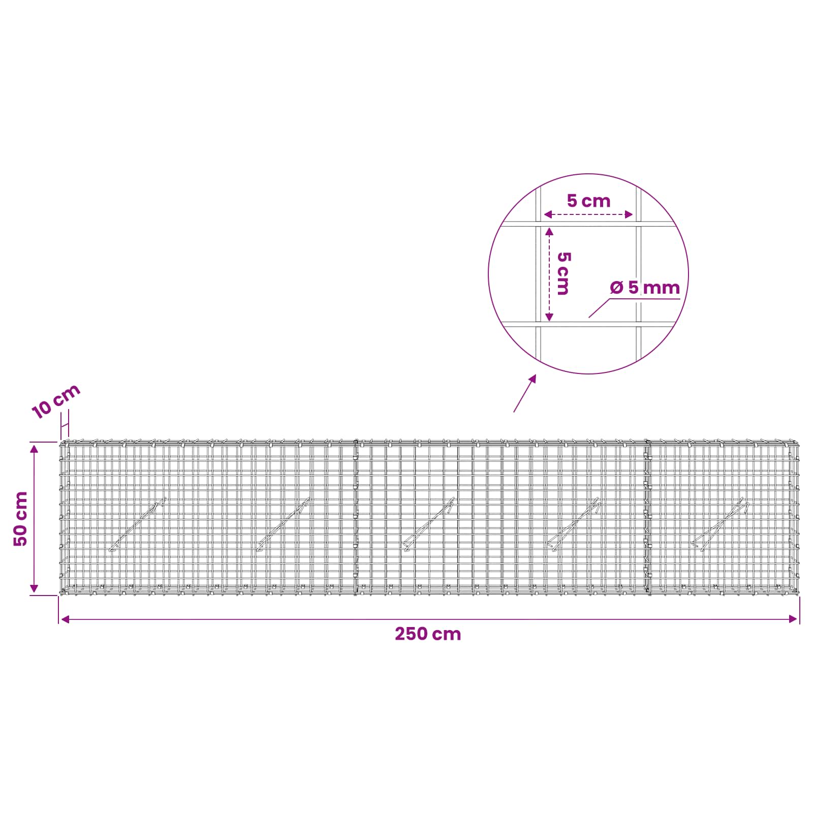Gabion z žico 5 mm in mrežo 5x5 cm 250x10x50 cm Pocinkano jeklo