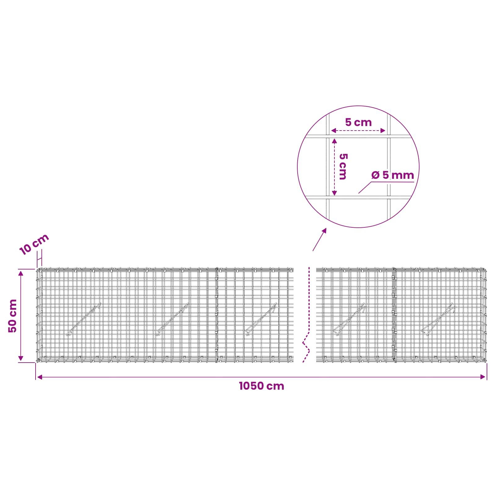 Gabion z žico 5 mm in mrežo 5x5 cm 1050x10x50 cm