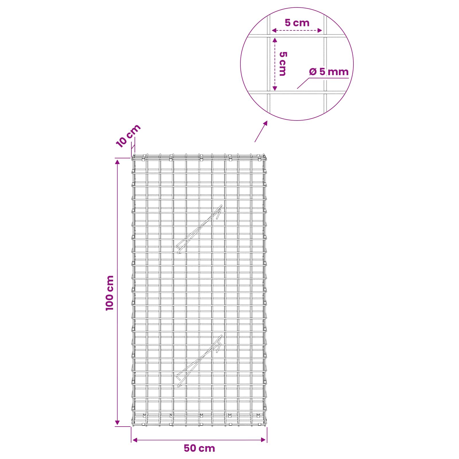 Gabion z žico 5 mm in mrežo 5x5 cm 50x10x100 cm Pocinkano jeklo