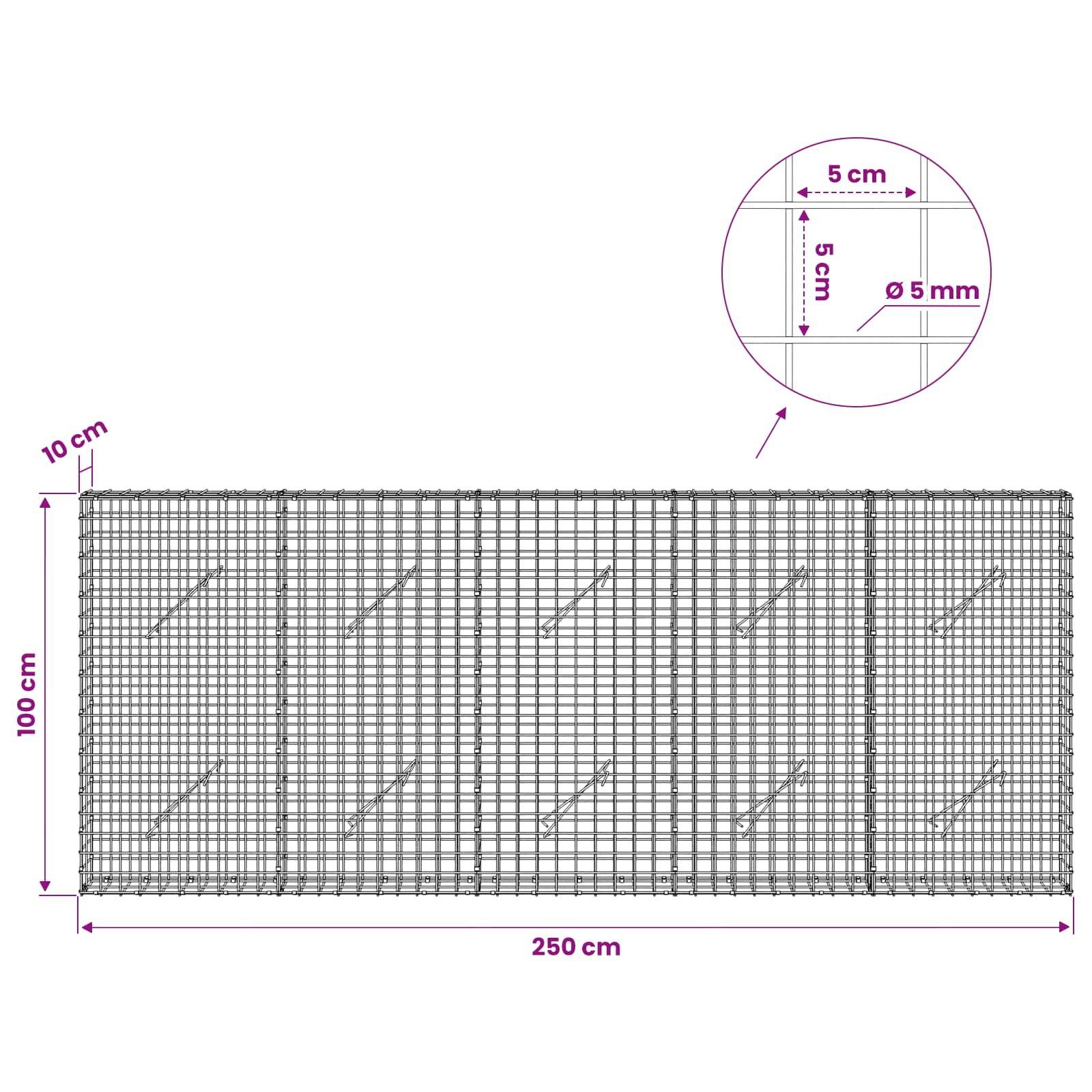Gabion z žico 5 mm in mrežo 5x5 cm 250x10x100 cm