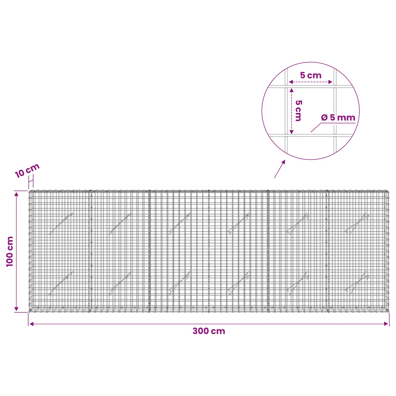 Gabion z žico 5 mm in mrežo 5x5 cm 300x10x100 cm