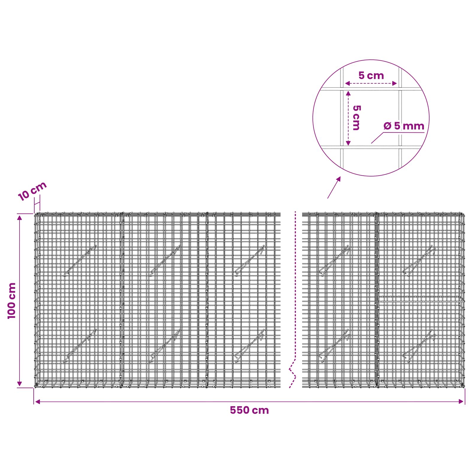 Gabion z žico 5 mm in mrežo 5x5 cm 550x10x100 cm
