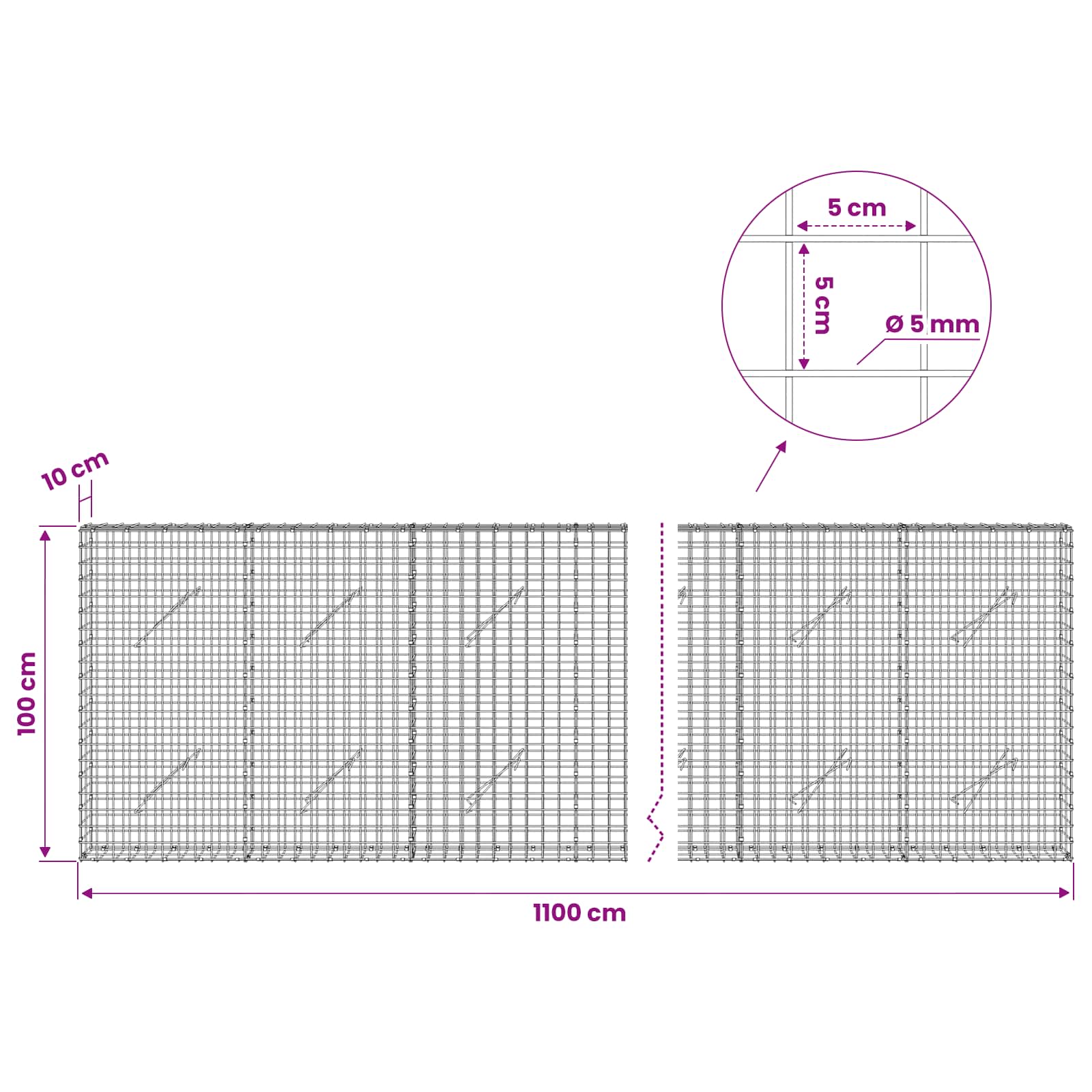 Gabion z žico 5 mm in mrežo 5x5 cm 1100x10x100 cm