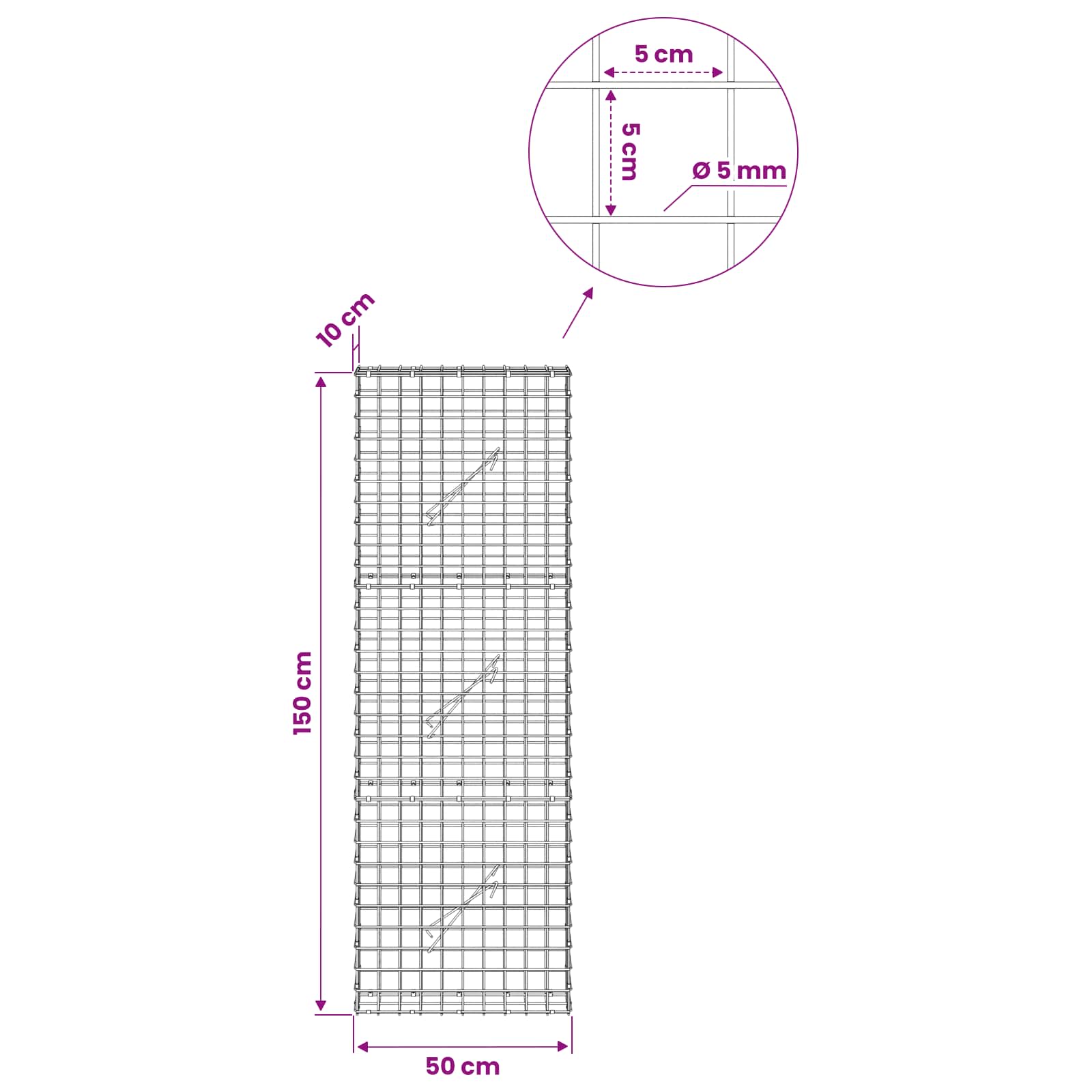 Gabion z žico 5 mm in mrežo 5x5 cm 50x10x150 cm Pocinkano jeklo
