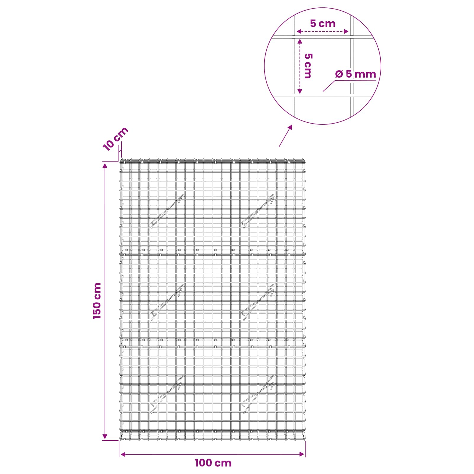Gabion z žico 5 mm in mrežo 5x5 cm 100x10x150 cm