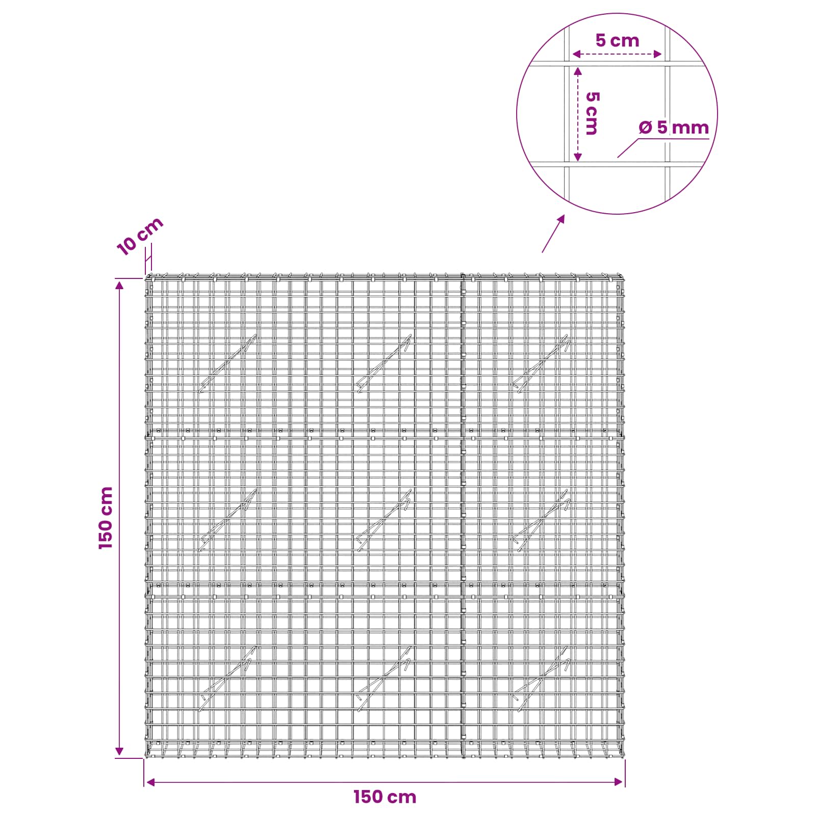 Gabion z žico 5 mm in mrežo 5x5 cm 150x10x150 cm