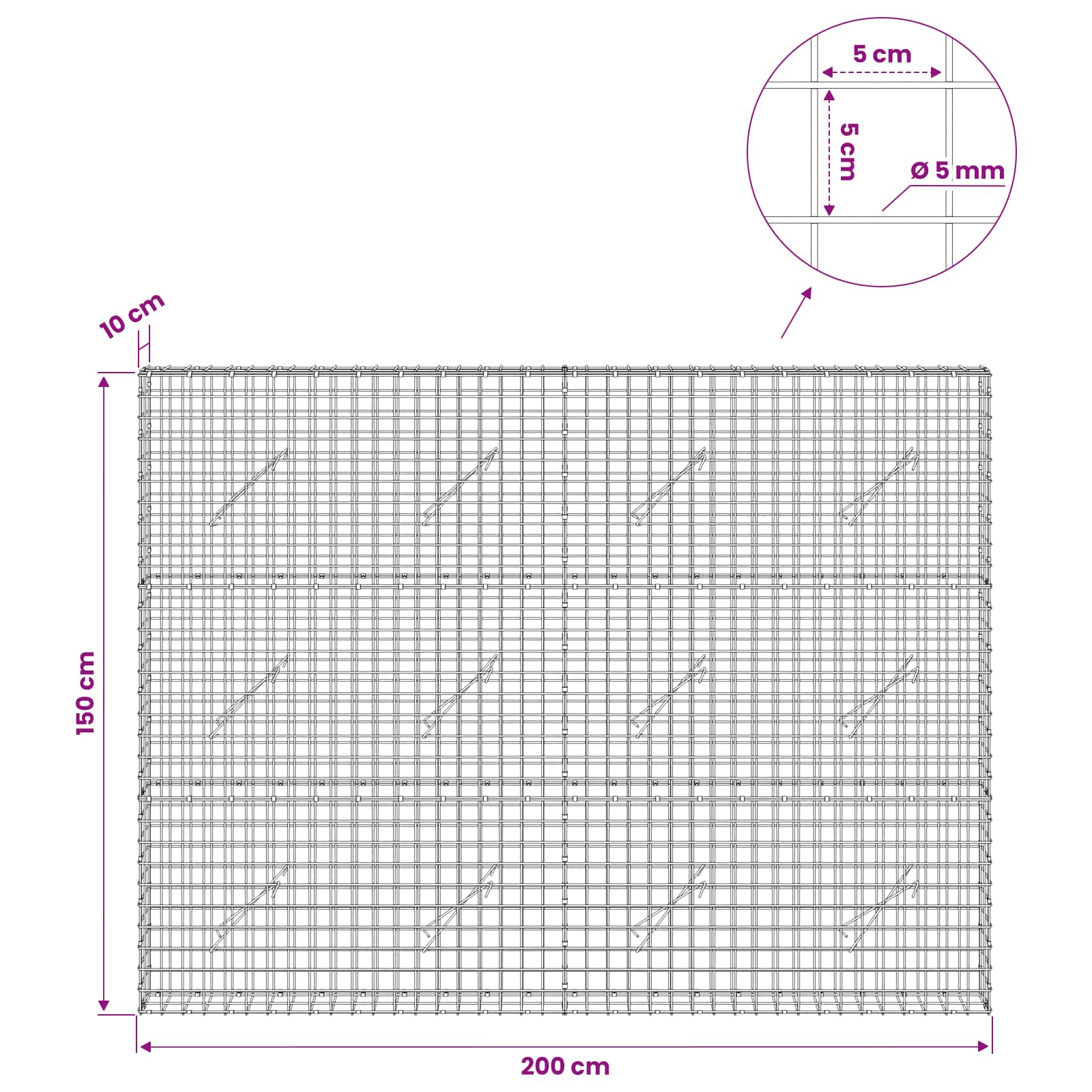 Gabion z žico 5 mm in mrežo 5x5 cm 200x10x150 cm