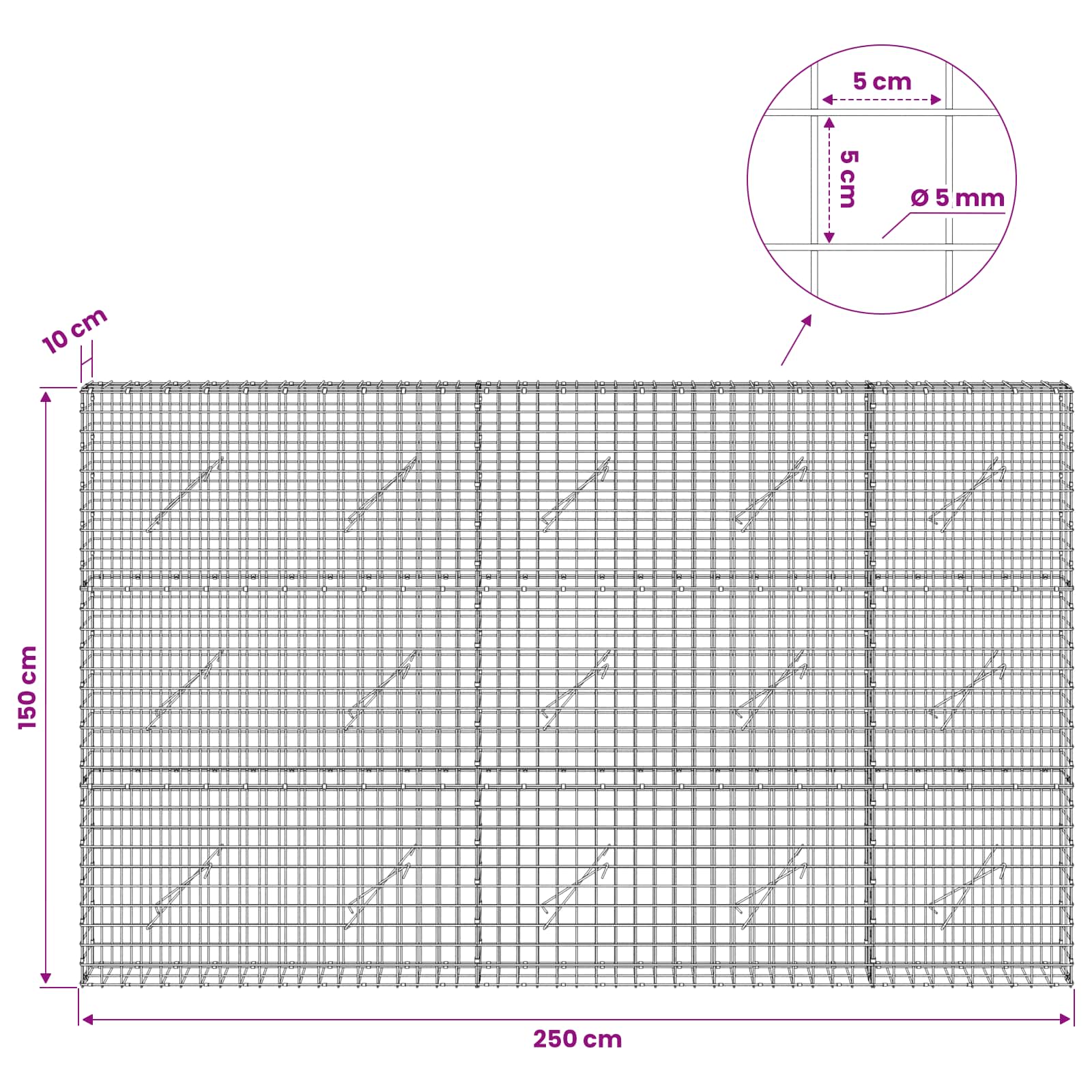 Gabion z žico 5 mm in mrežo 5x5 cm 250x10x150 cm