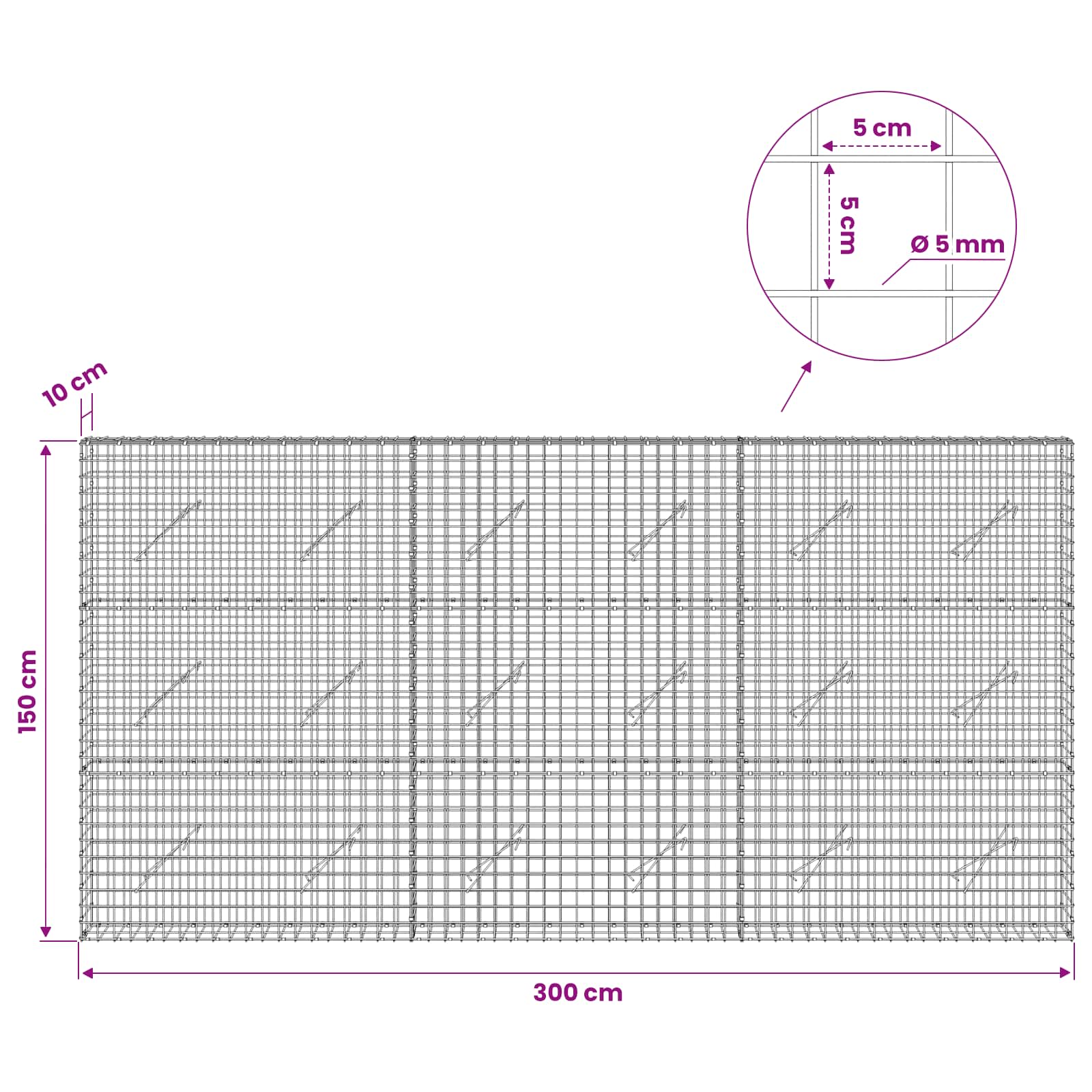 Gabion z žico 5 mm in mrežo 5x5 cm 300x10x150 cm