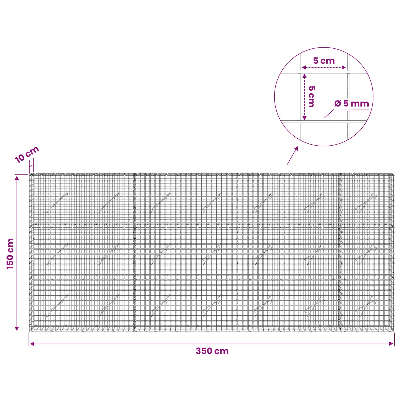 Gabion z žico 5 mm in mrežo 5x5 cm 350x10x150 cm