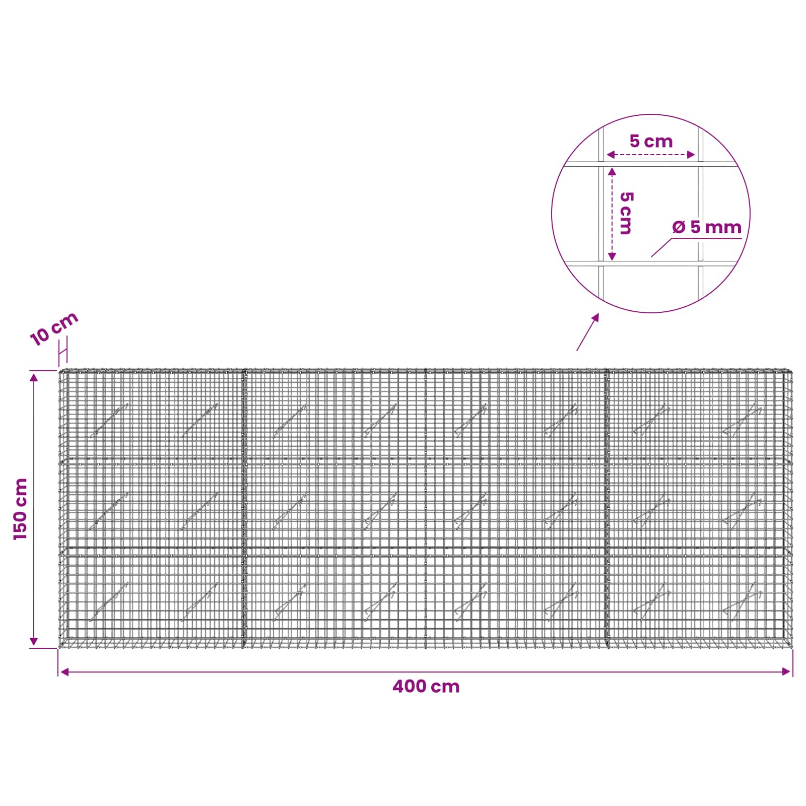 Gabion z žico 5 mm in mrežo 5x5 cm 400x10x150 cm