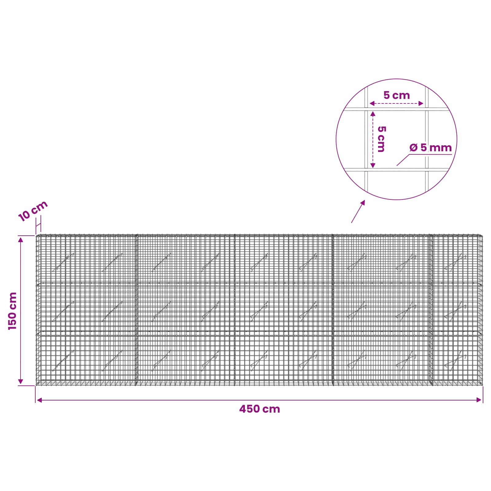 Gabion z žico 5 mm in mrežo 5x5 cm 450x10x150 cm