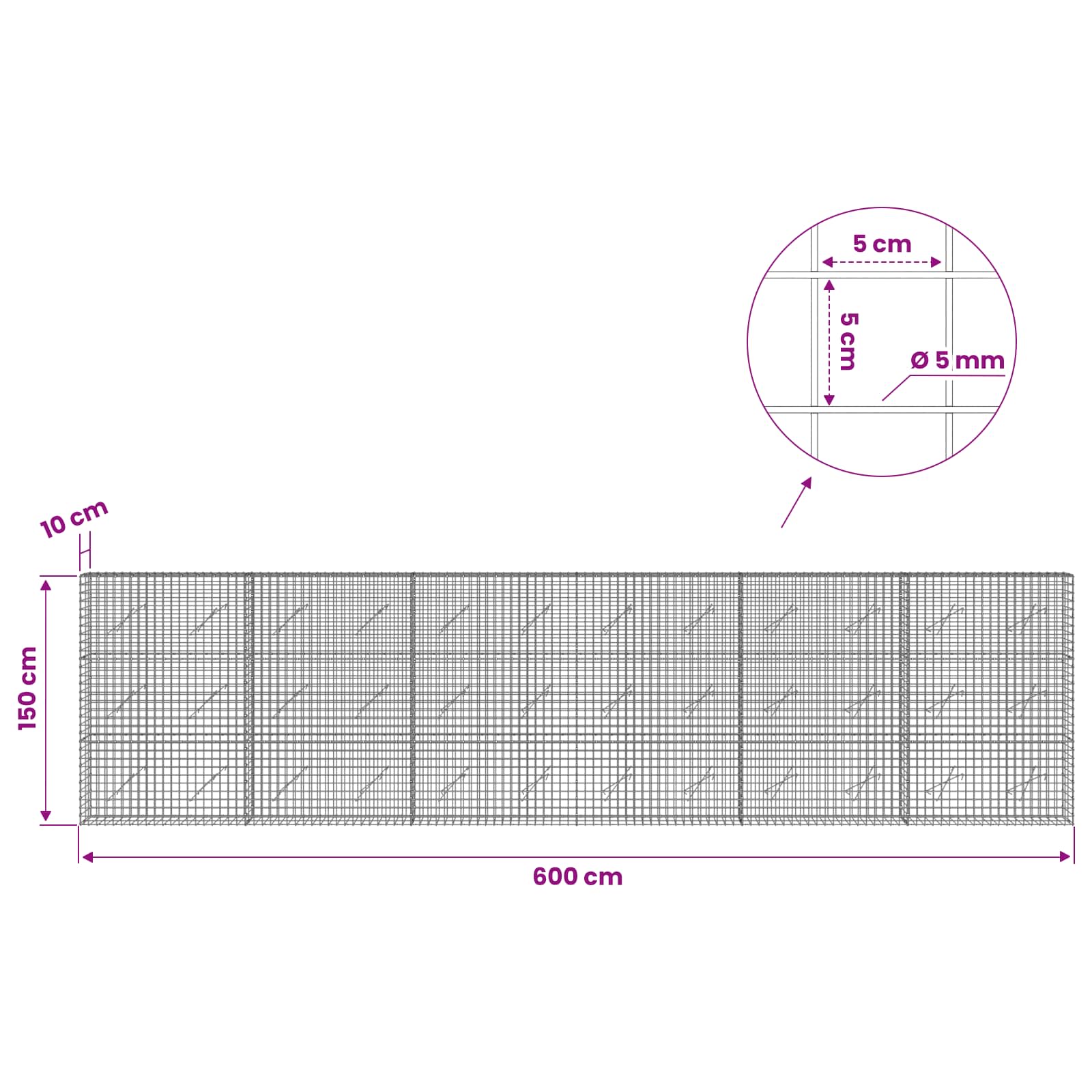 Gabion z žico 5 mm in mrežo 5x5 cm 600x10x150 cm