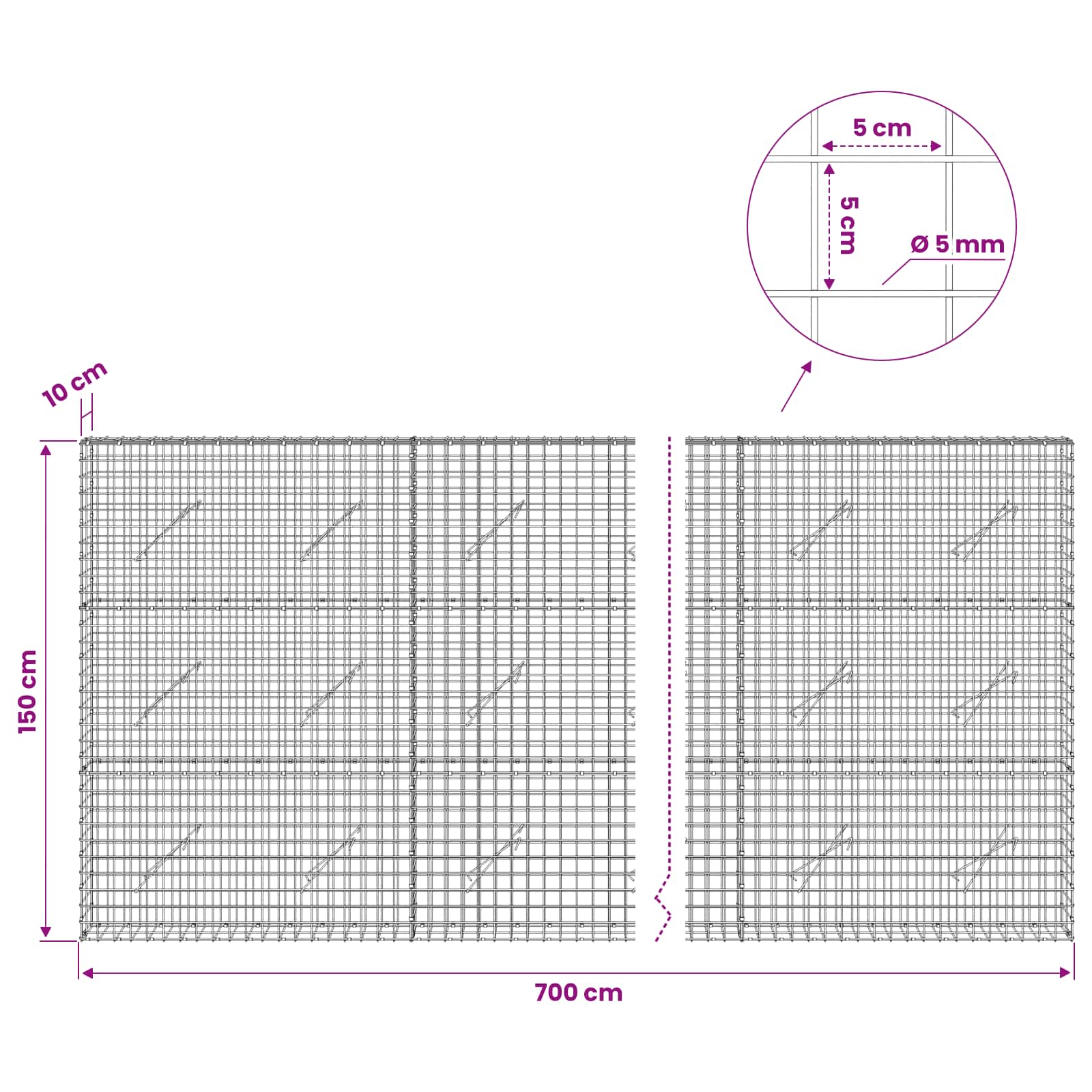 Gabion z žico 5 mm in mrežo 5x5 cm 700x10x150 cm
