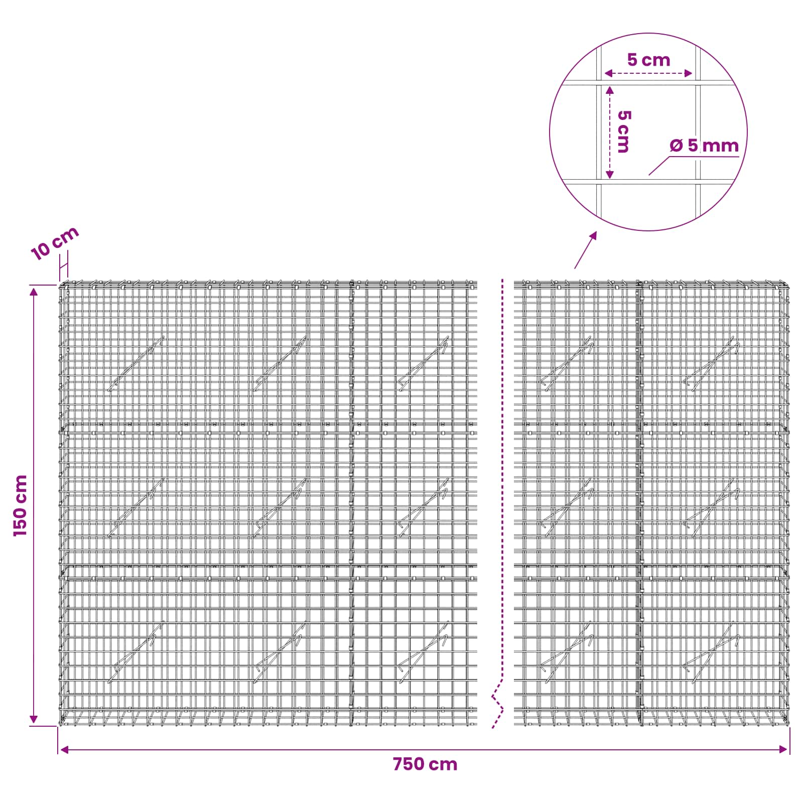 Gabion z žico 5 mm in mrežo 5x5 cm 750x10x150 cm