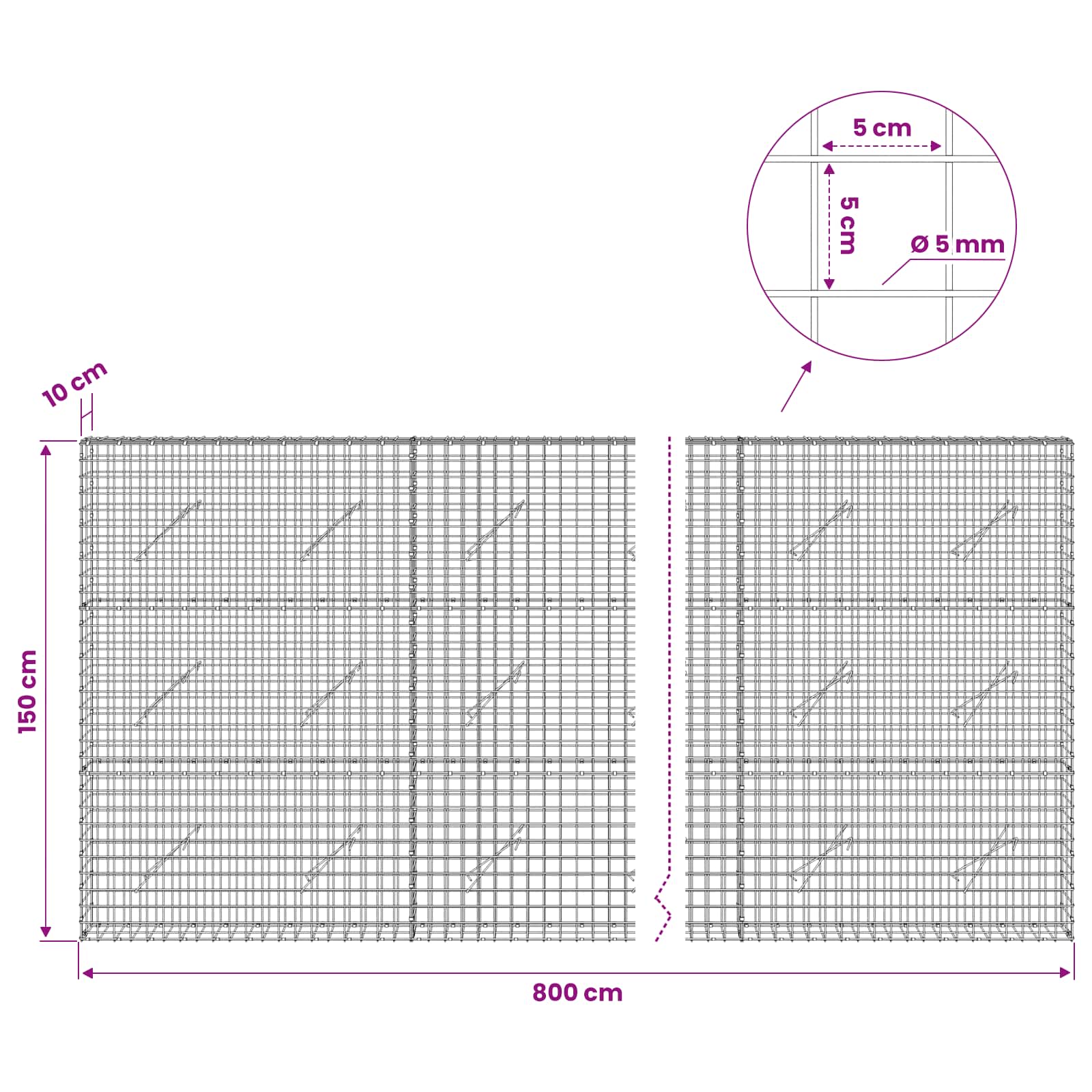 Gabion z žico 5 mm in mrežo 5x5 cm 800x10x150 cm