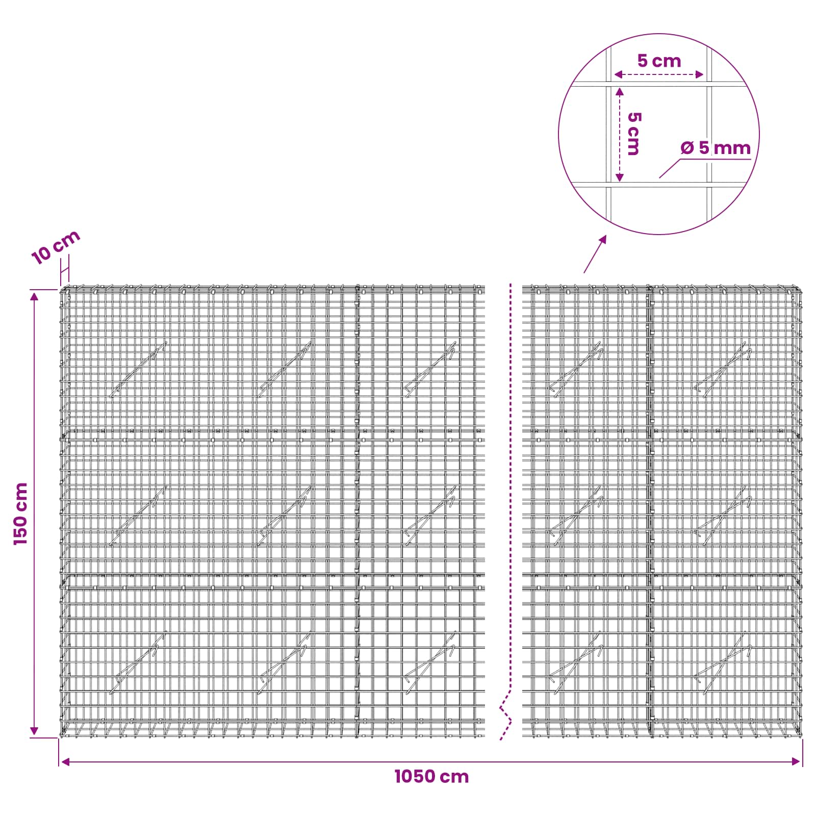 Gabion z žico 5 mm in mrežo 5x5 cm 1050x10x150 cm