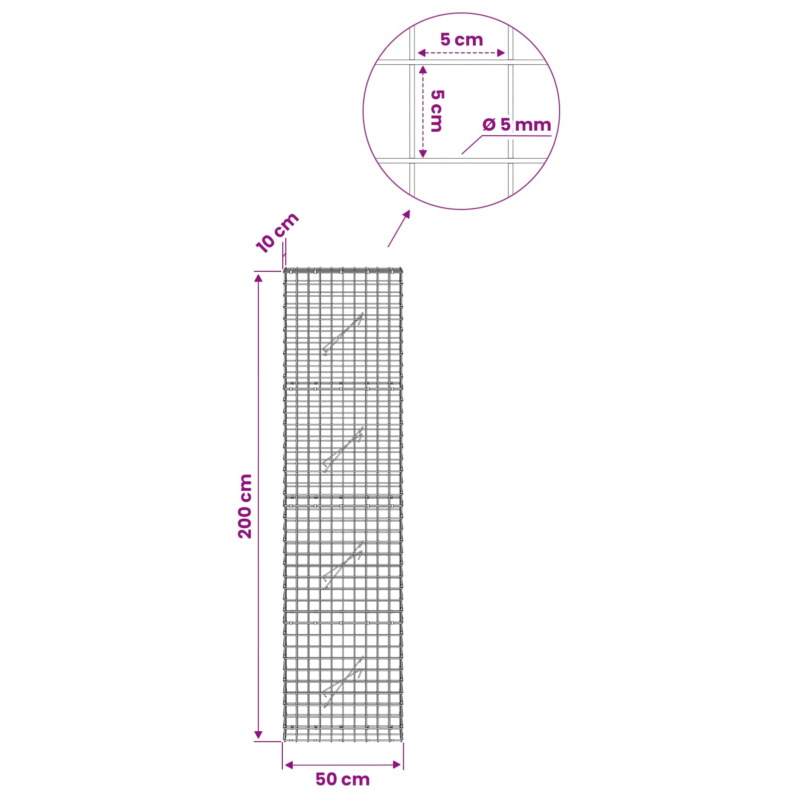 Gabion z žico 5 mm in mrežo 5x5 cm 50x10x200 cm Pocinkano jeklo