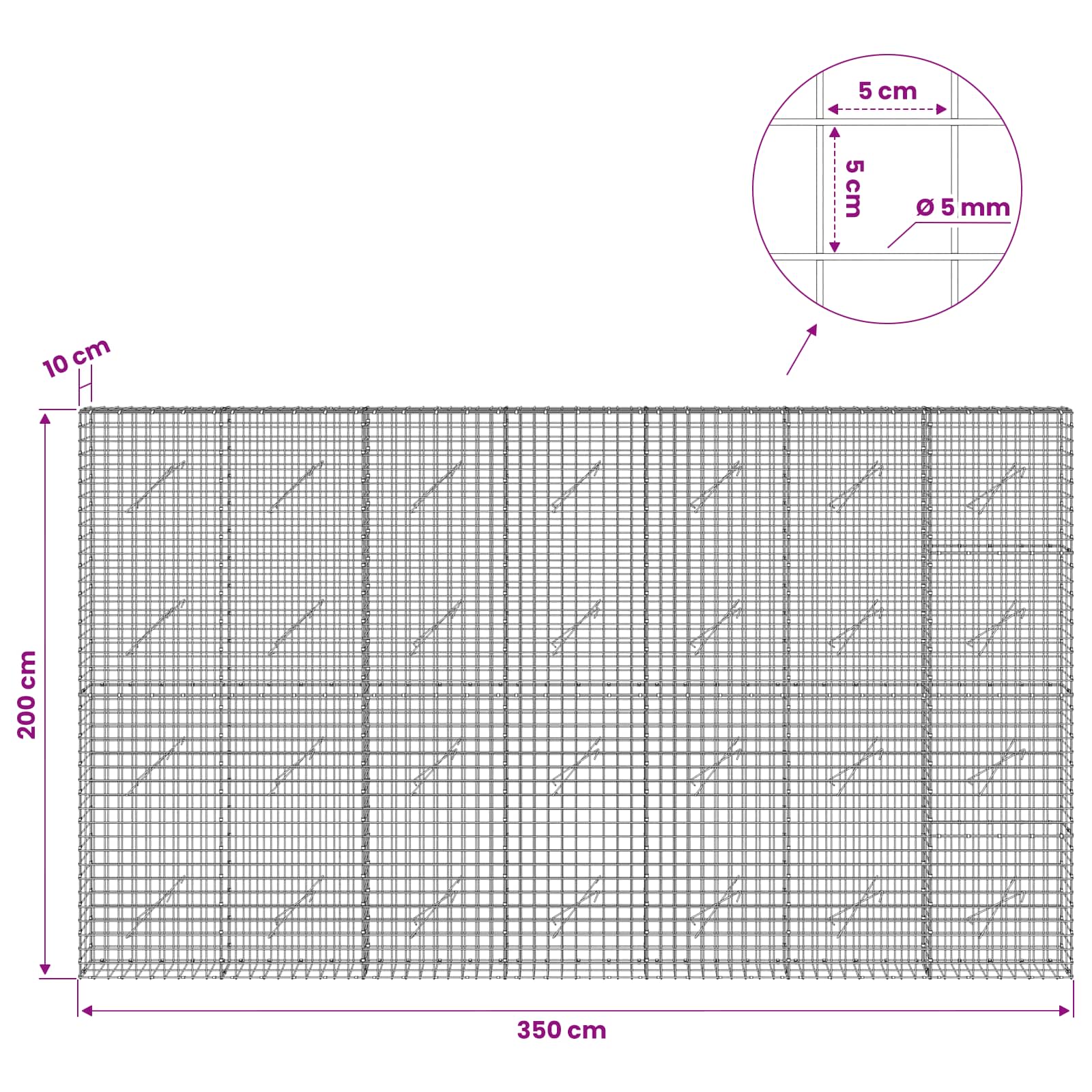 Gabion z žico 5 mm in mrežo 5x5 cm 350x10x200 cm