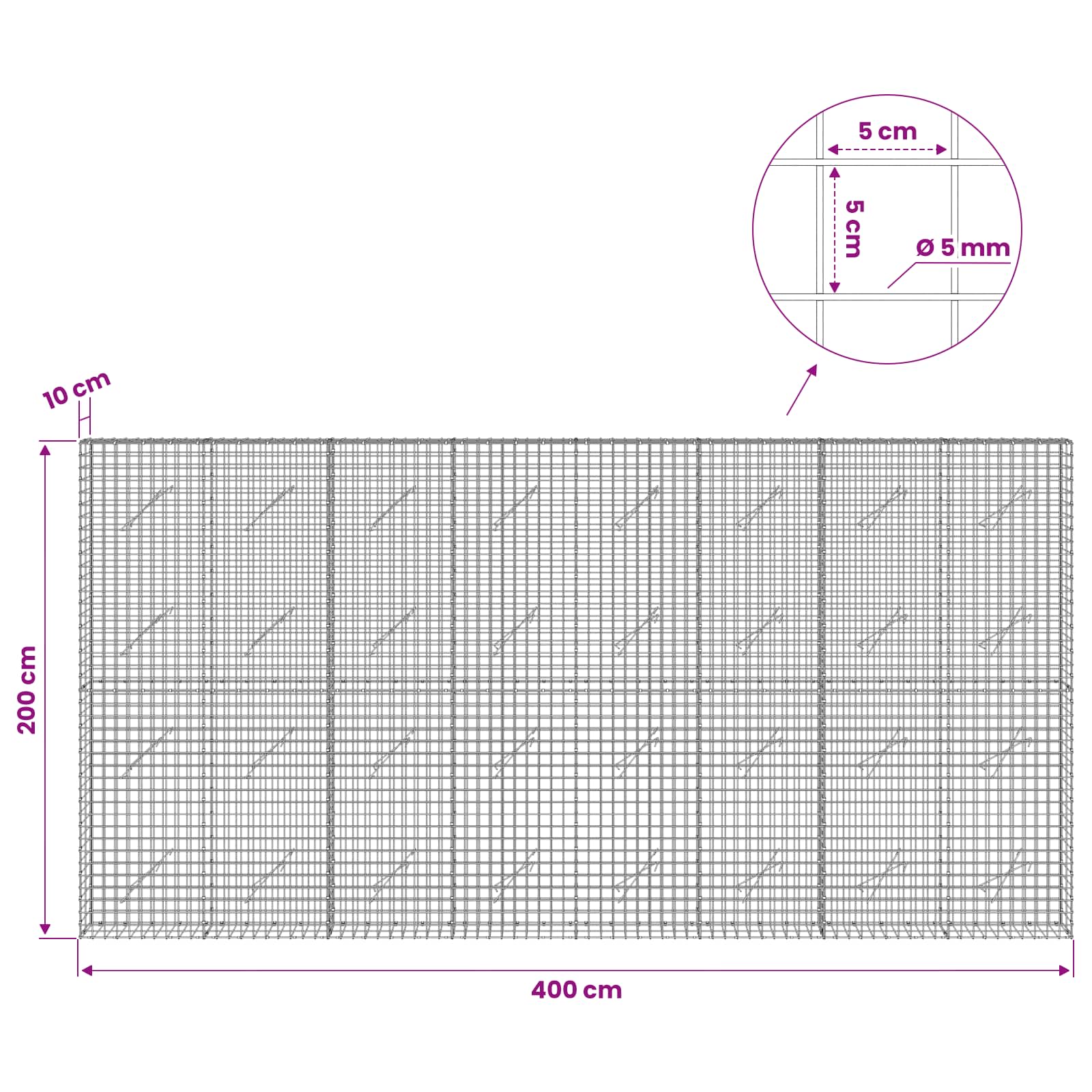 Gabion z žico 5 mm in mrežo 5x5 cm 400x10x200 cm