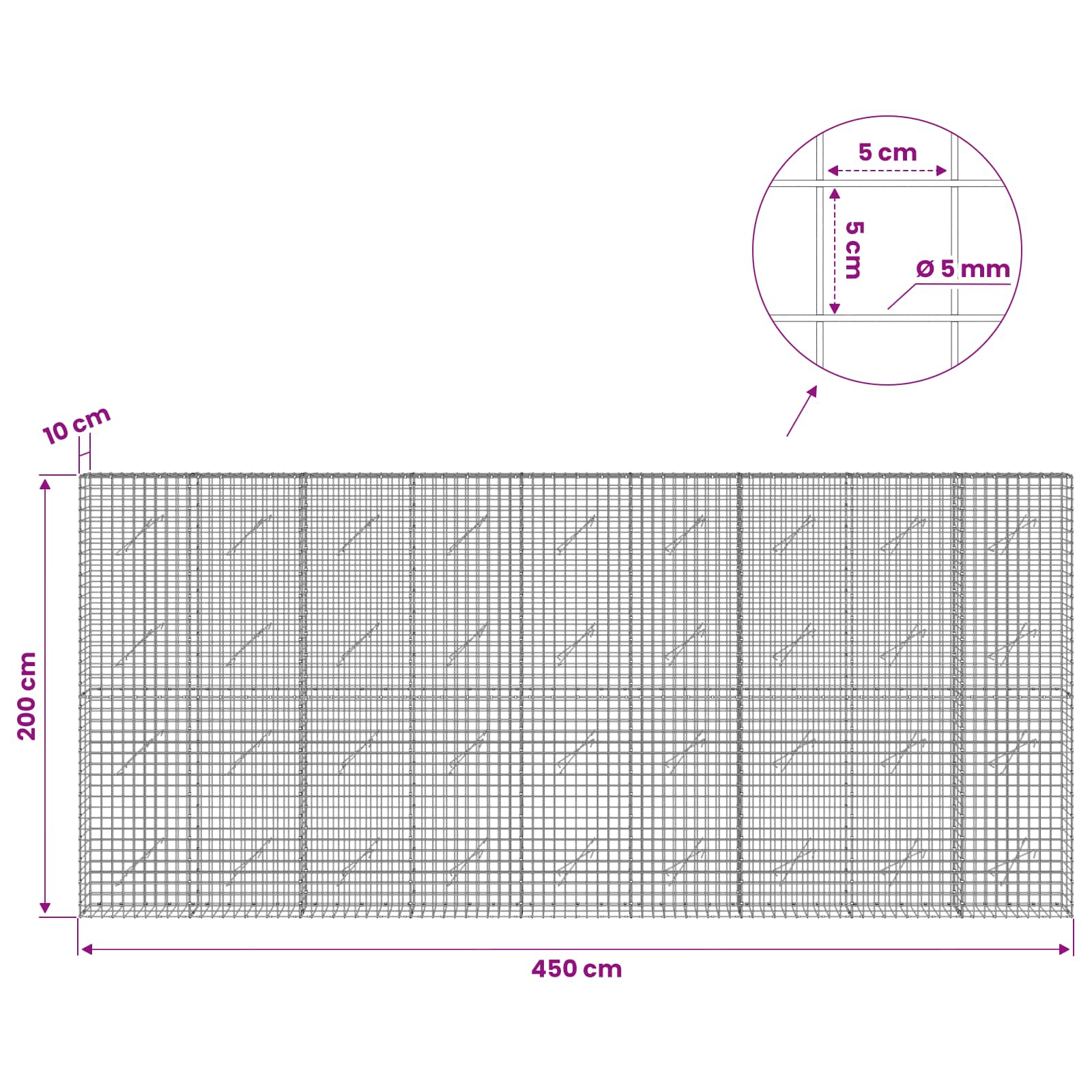 Gabion z žico 5 mm in mrežo 5x5 cm 450x10x200 cm