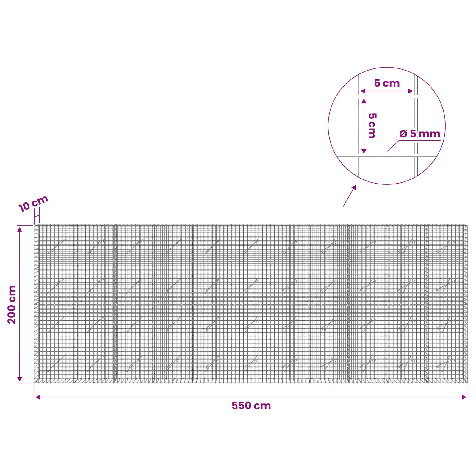 Gabion z žico 5 mm in mrežo 5x5 cm 550x10x200 cm