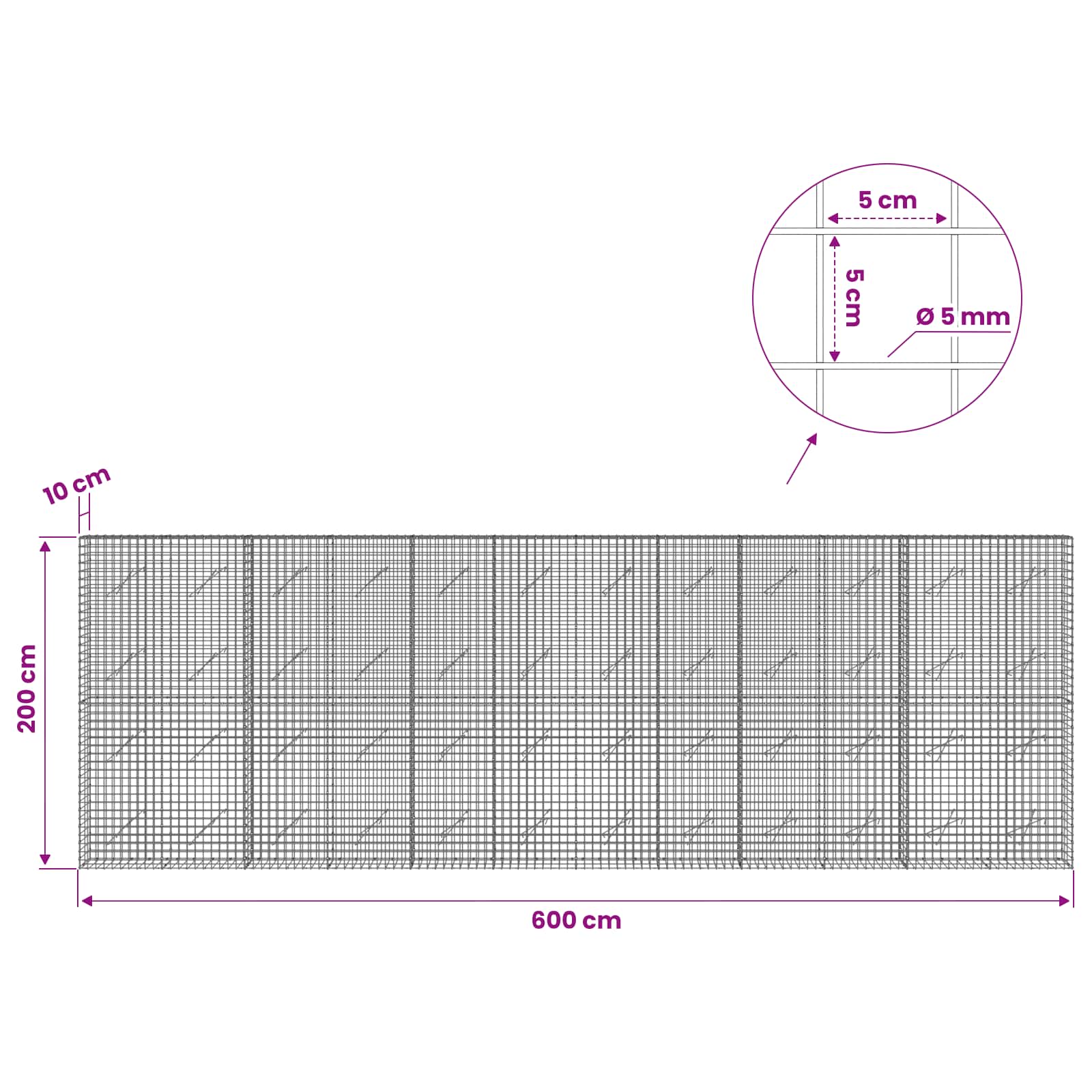 Gabion z žico 5 mm in mrežo 5x5 cm 600x10x200 cm