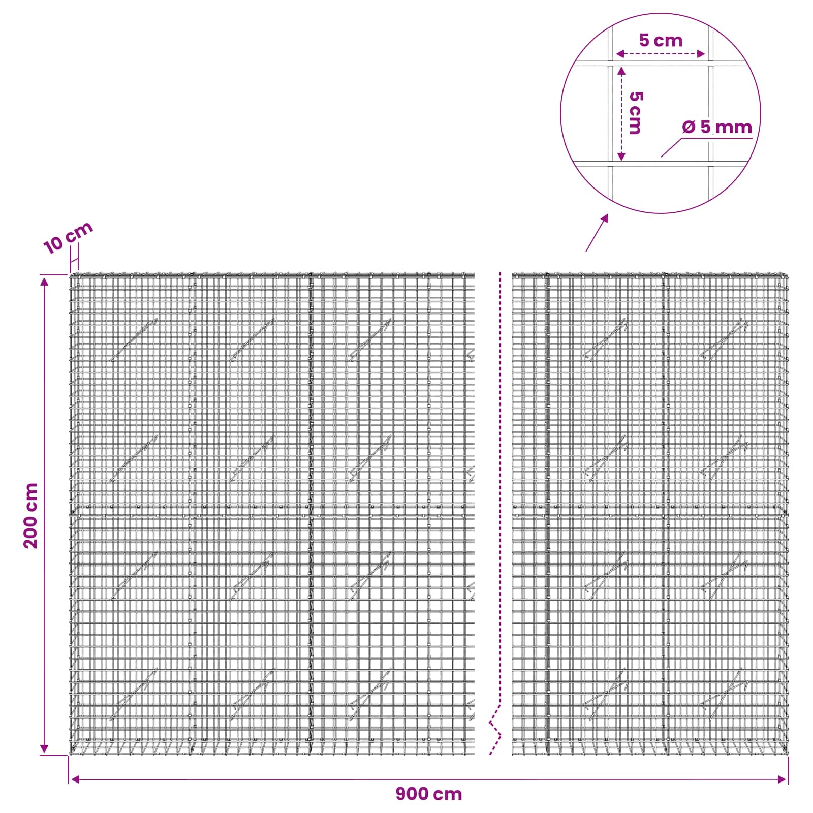 Gabion z žico 5 mm in mrežo 5x5 cm 900x10x200 cm