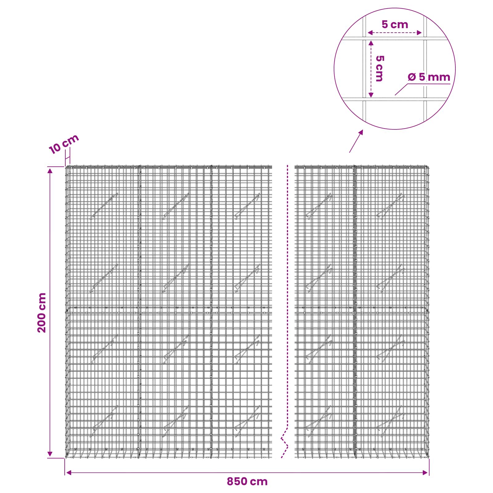 Gabion z žico 5 mm in mrežo 5x5 cm 950x10x200 cm