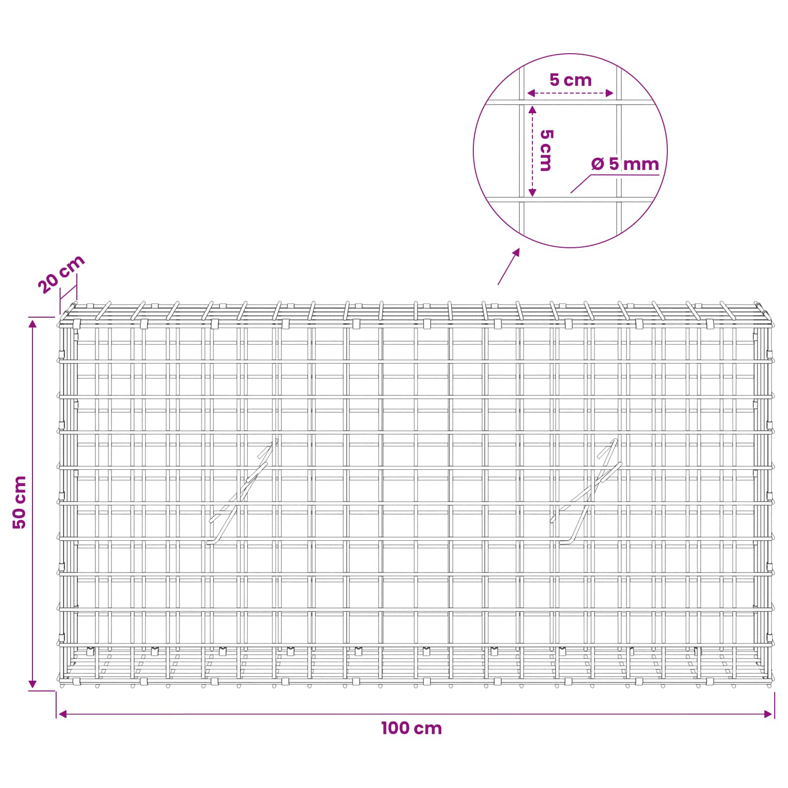 Gabion z žico 5 mm in mrežo 5x5 cm 100x20x50 cm Pocinkano jeklo