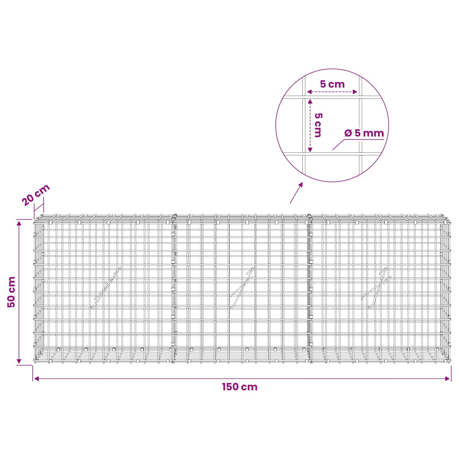Gabion z žico 5 mm in mrežo 5x5 cm 150x20x50 cm Pocinkano jeklo