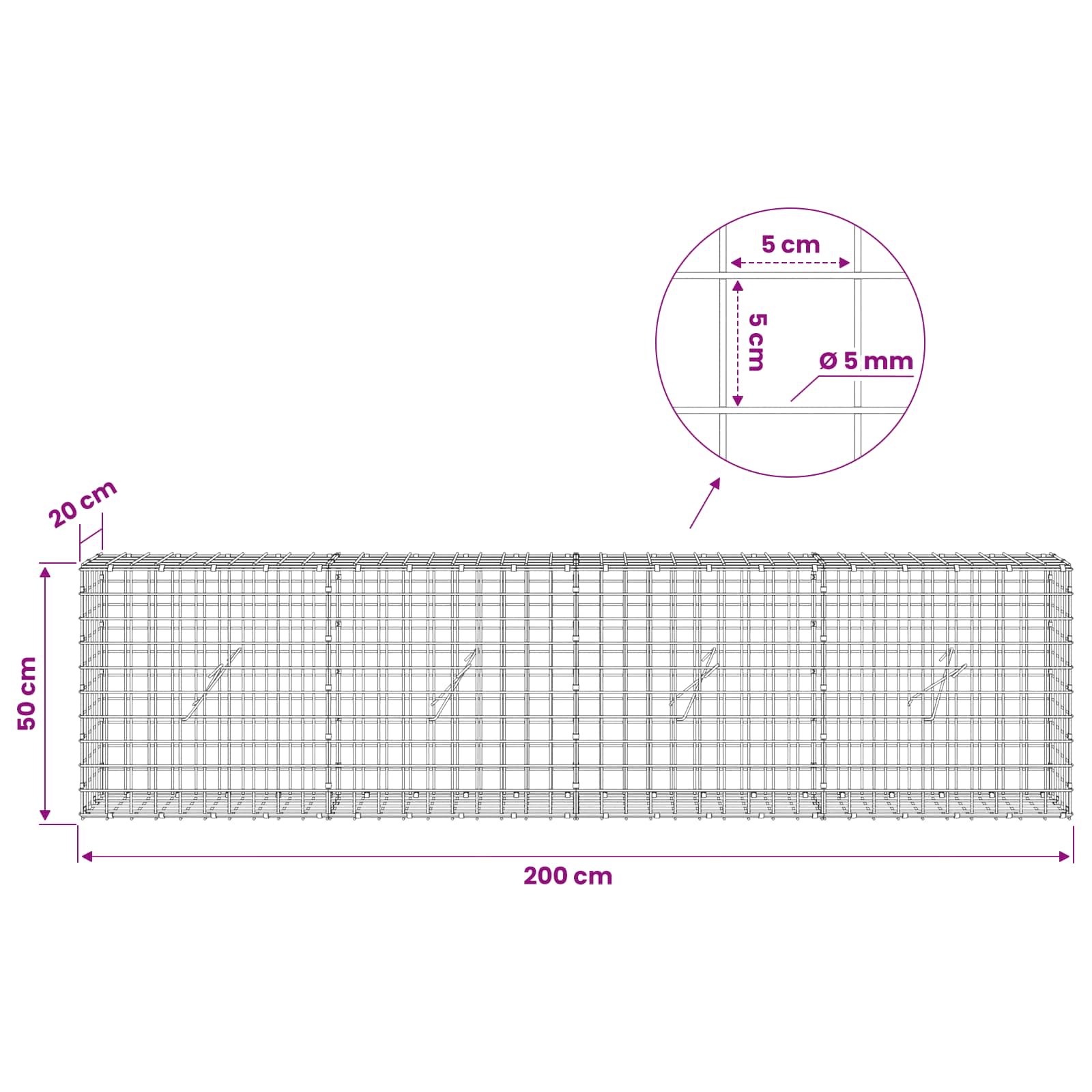 Gabion z žico 5 mm in mrežo 5x5 cm 200x20x50 cm Pocinkano jeklo
