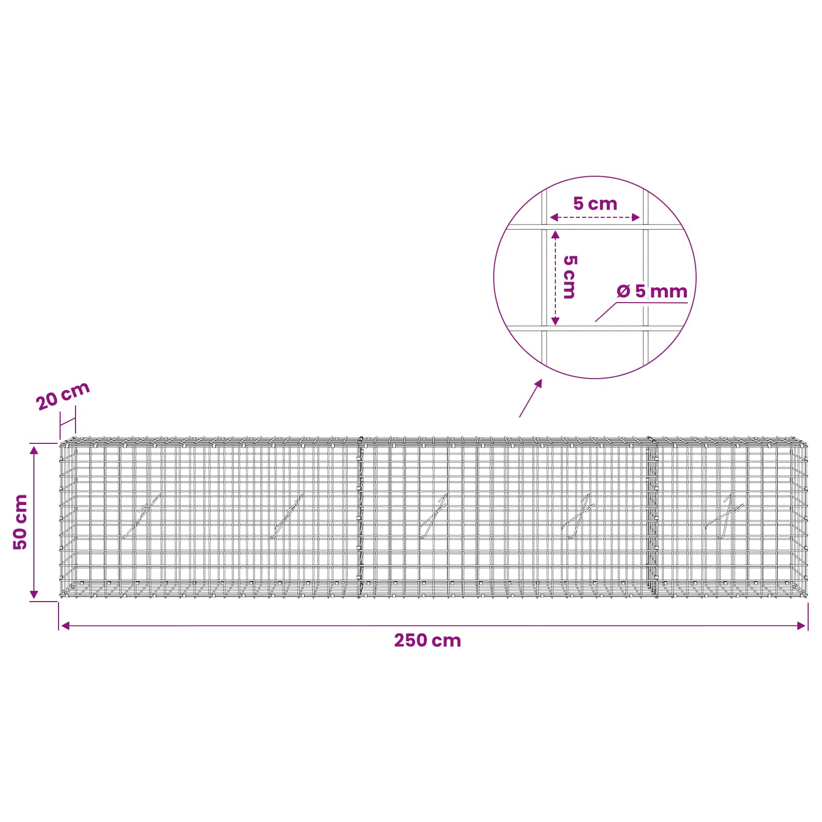 Gabion z žico 5 mm in mrežo 5x5 cm 250x20x50 cm Pocinkano jeklo