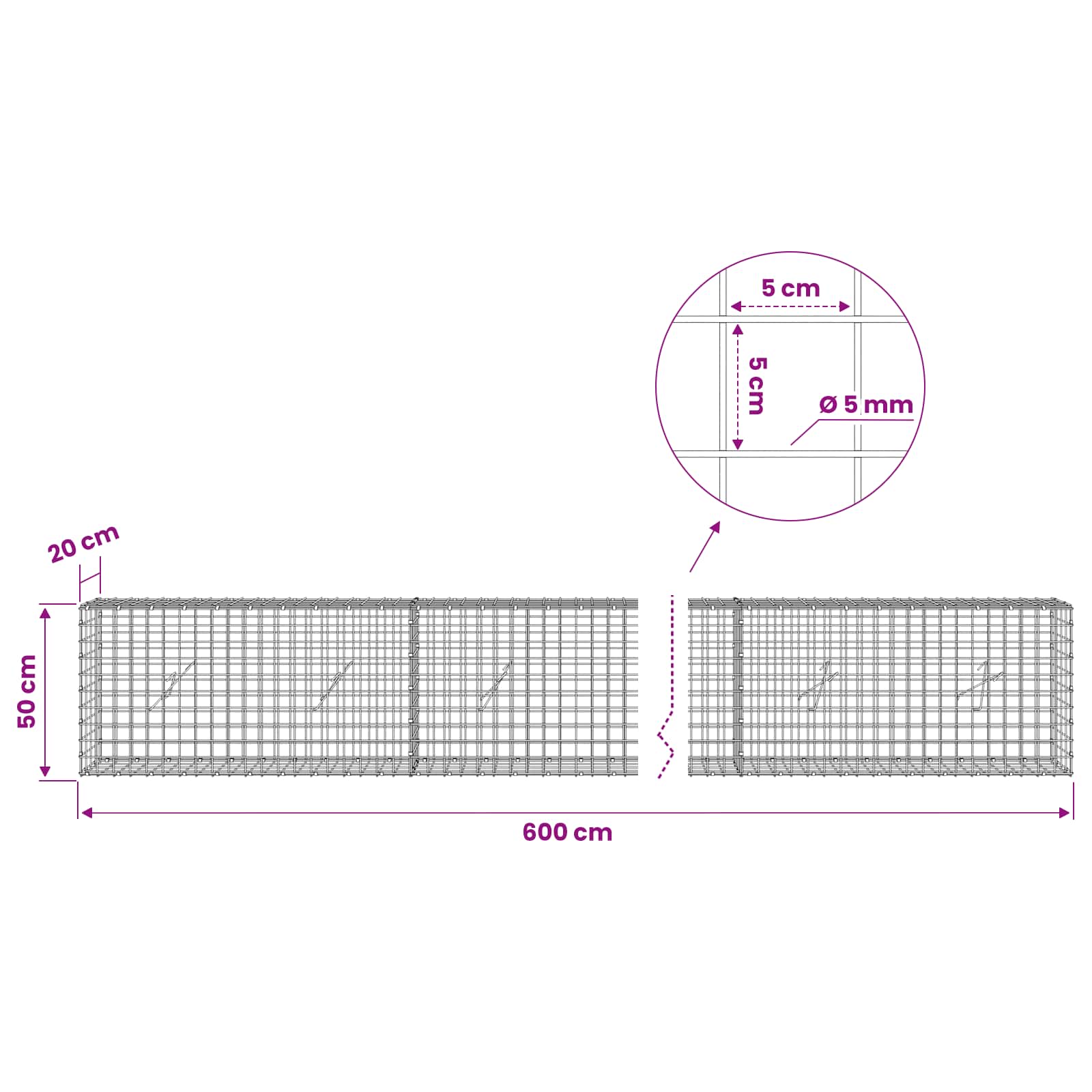 Gabion z žico 5 mm in mrežo 5x5 cm 600x20x50 cm Pocinkano jeklo