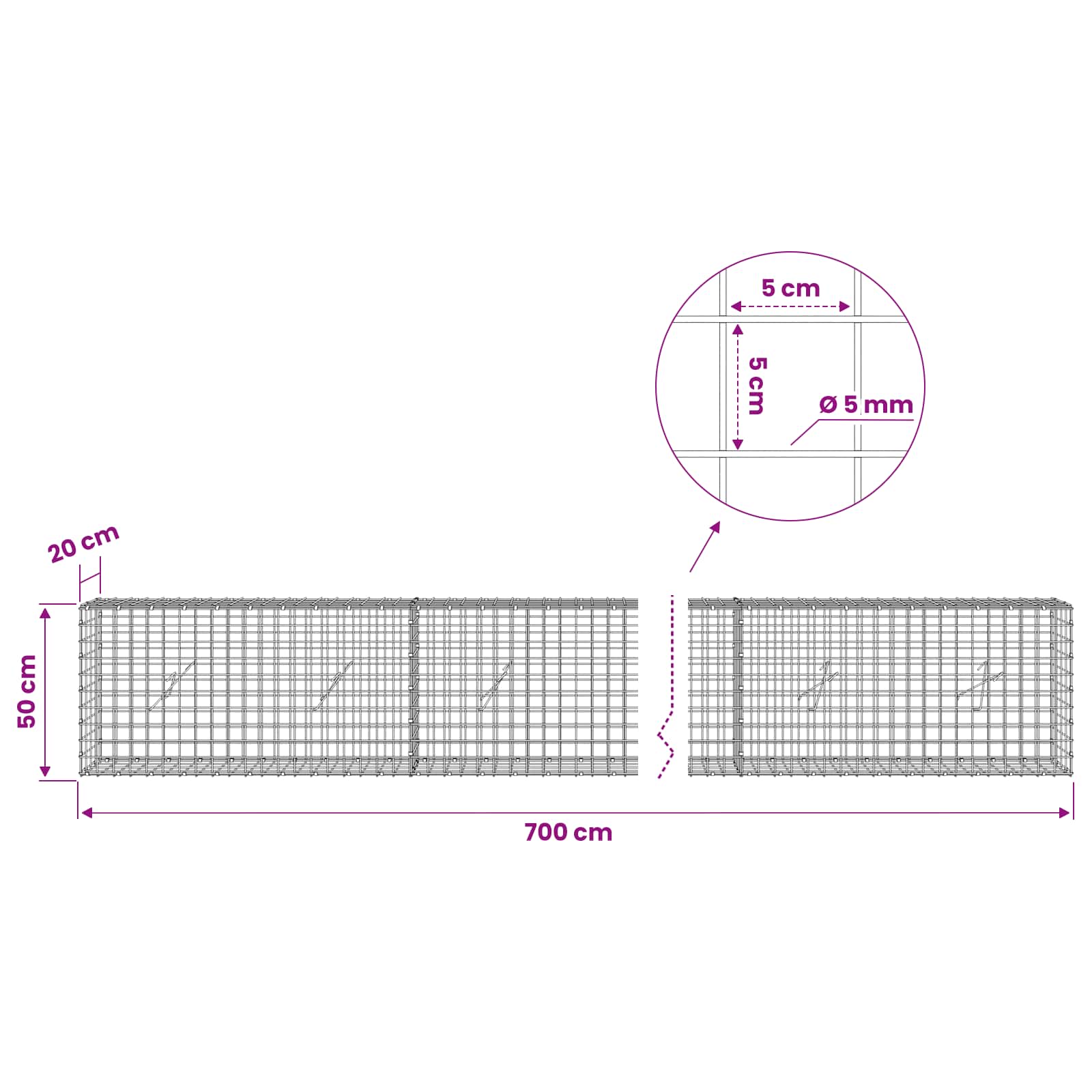 Gabion z žico 5 mm in mrežo 5x5 cm 700x20x50 cm Pocinkano jeklo
