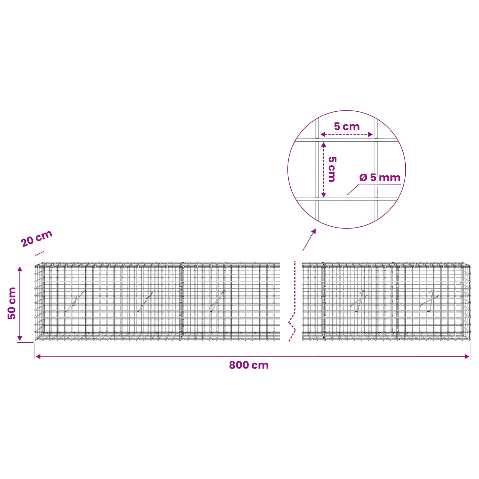 Gabion z žico 5 mm in mrežo 5x5 cm 800x20x50 cm Pocinkano jeklo