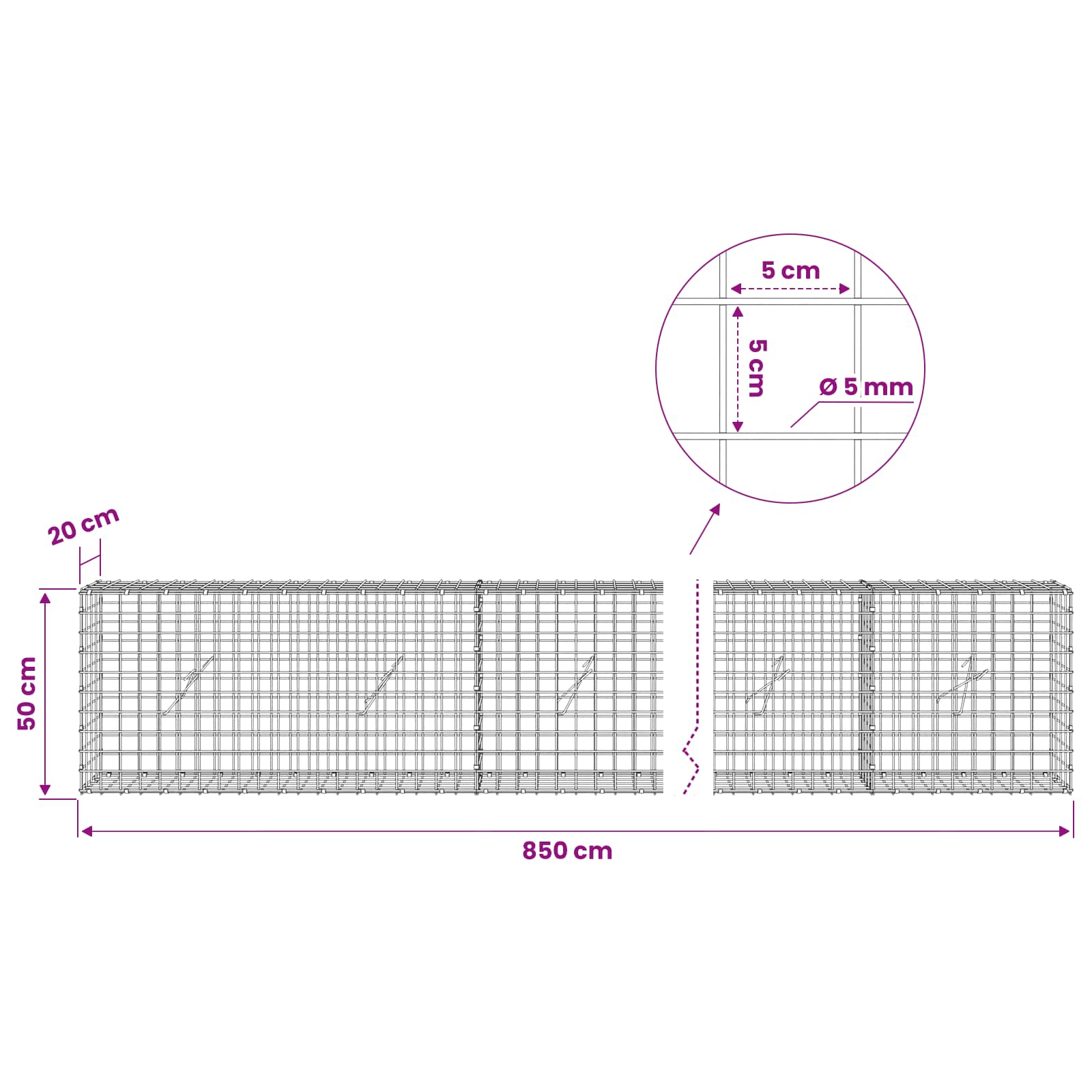 Gabion z žico 5 mm in mrežo 5x5 cm 850x20x50 cm Pocinkano jeklo