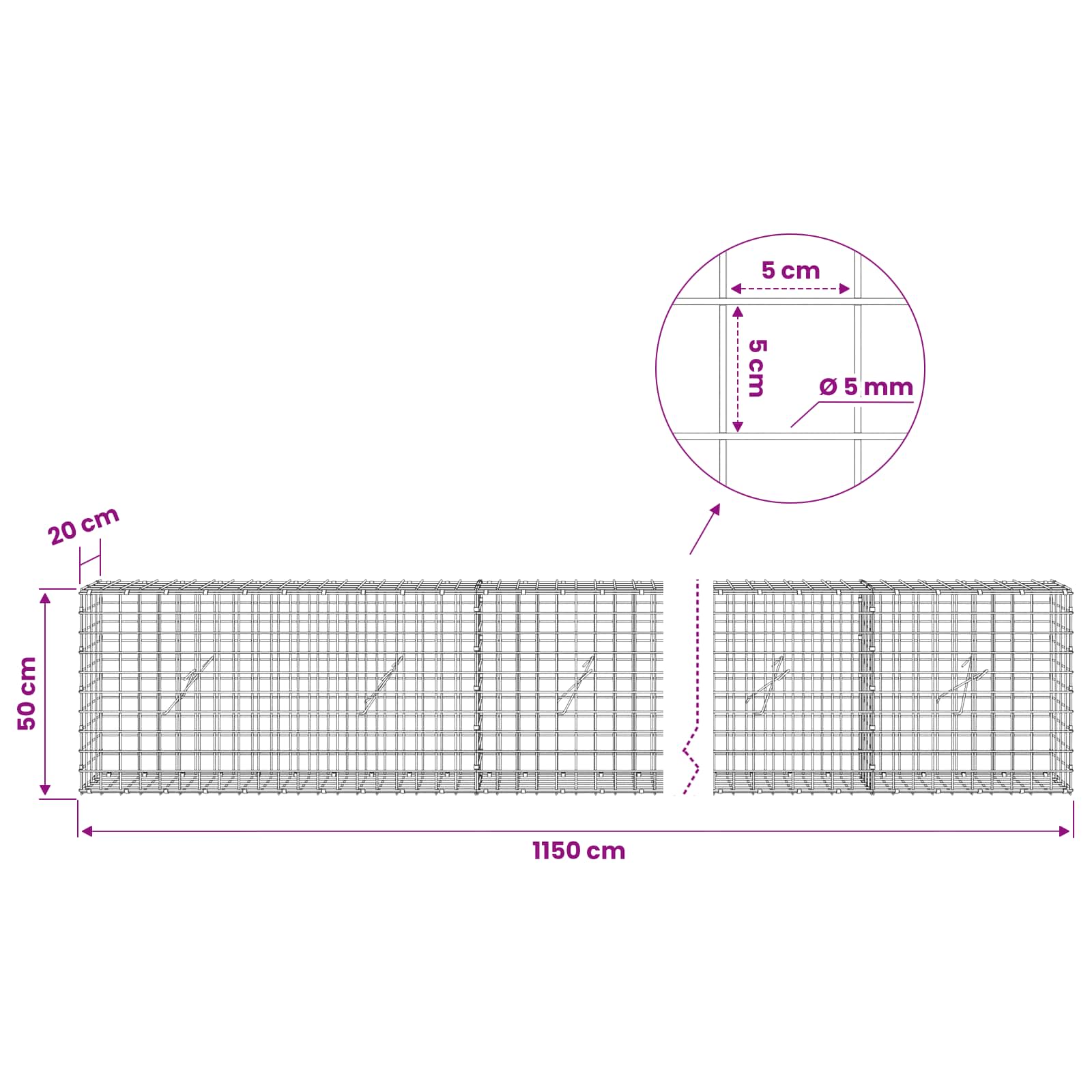 Gabion z žico 5 mm in mrežo 5x5 cm 1150x20x50 cm