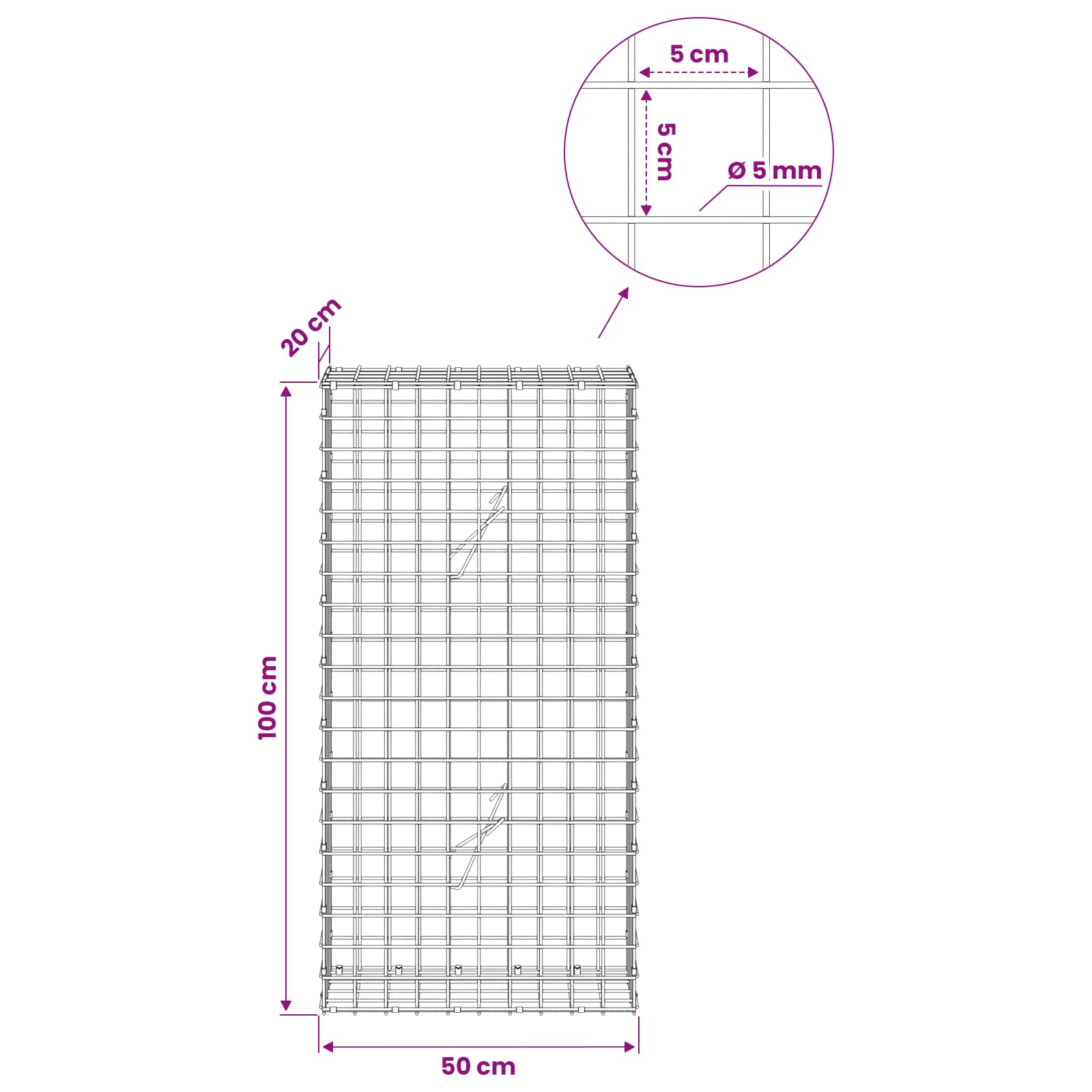 Gabion z žico 5 mm in mrežo 5x5 cm 50x20x100 cm Pocinkano jeklo