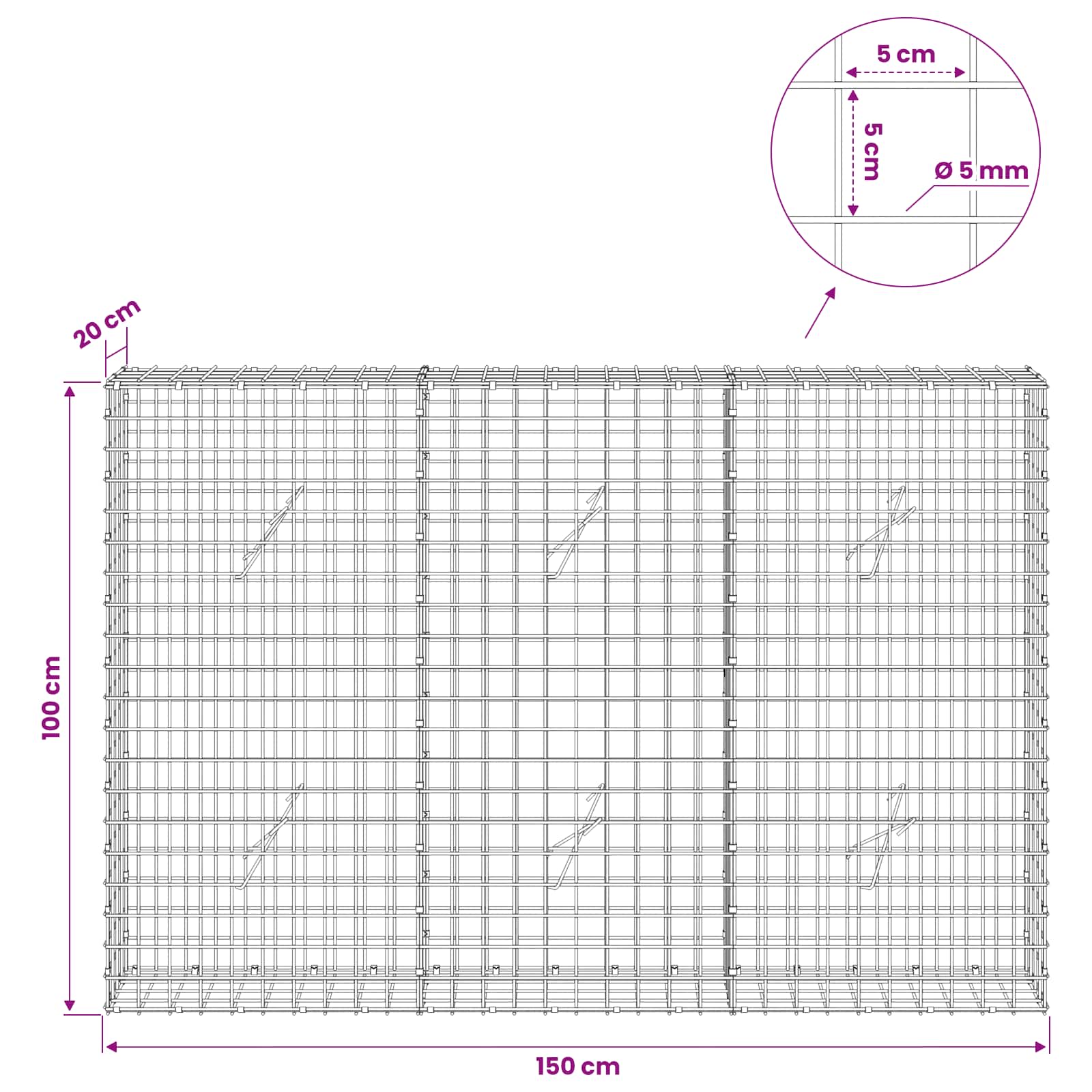 Gabion z žico 5 mm in mrežo 5x5 cm 150x20x100 cm