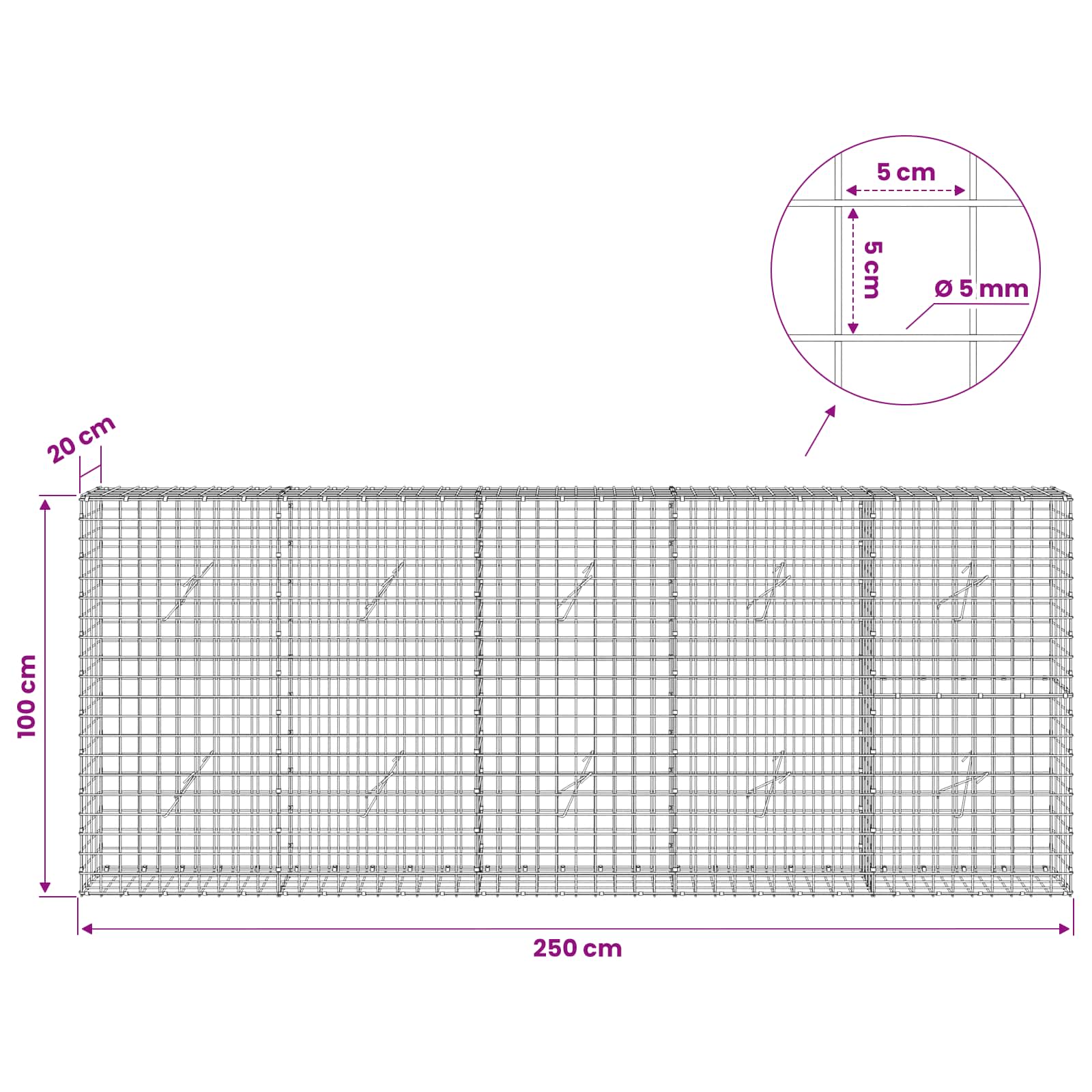 Gabion z žico 5 mm in mrežo 5x5 cm 250x20x100 cm