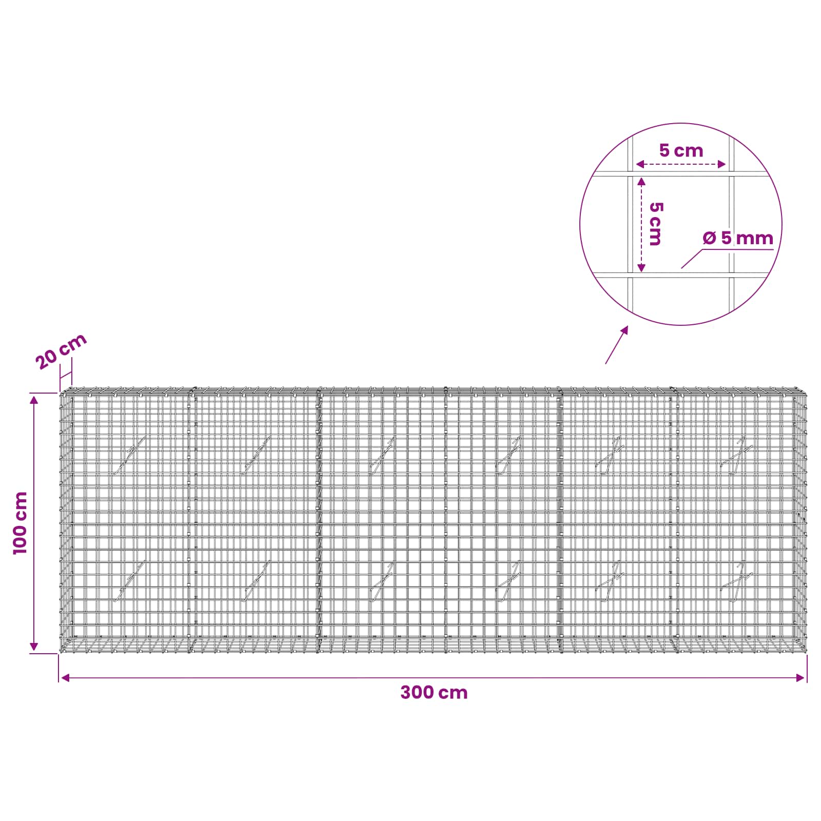 Gabion z žico 5 mm in mrežo 5x5 cm 300x20x100 cm