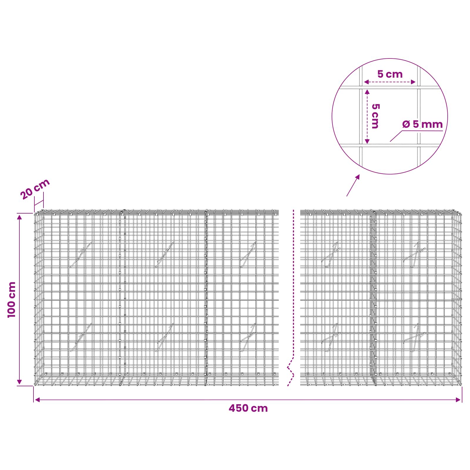 Gabion z žico 5 mm in mrežo 5x5 cm 450x20x100 cm