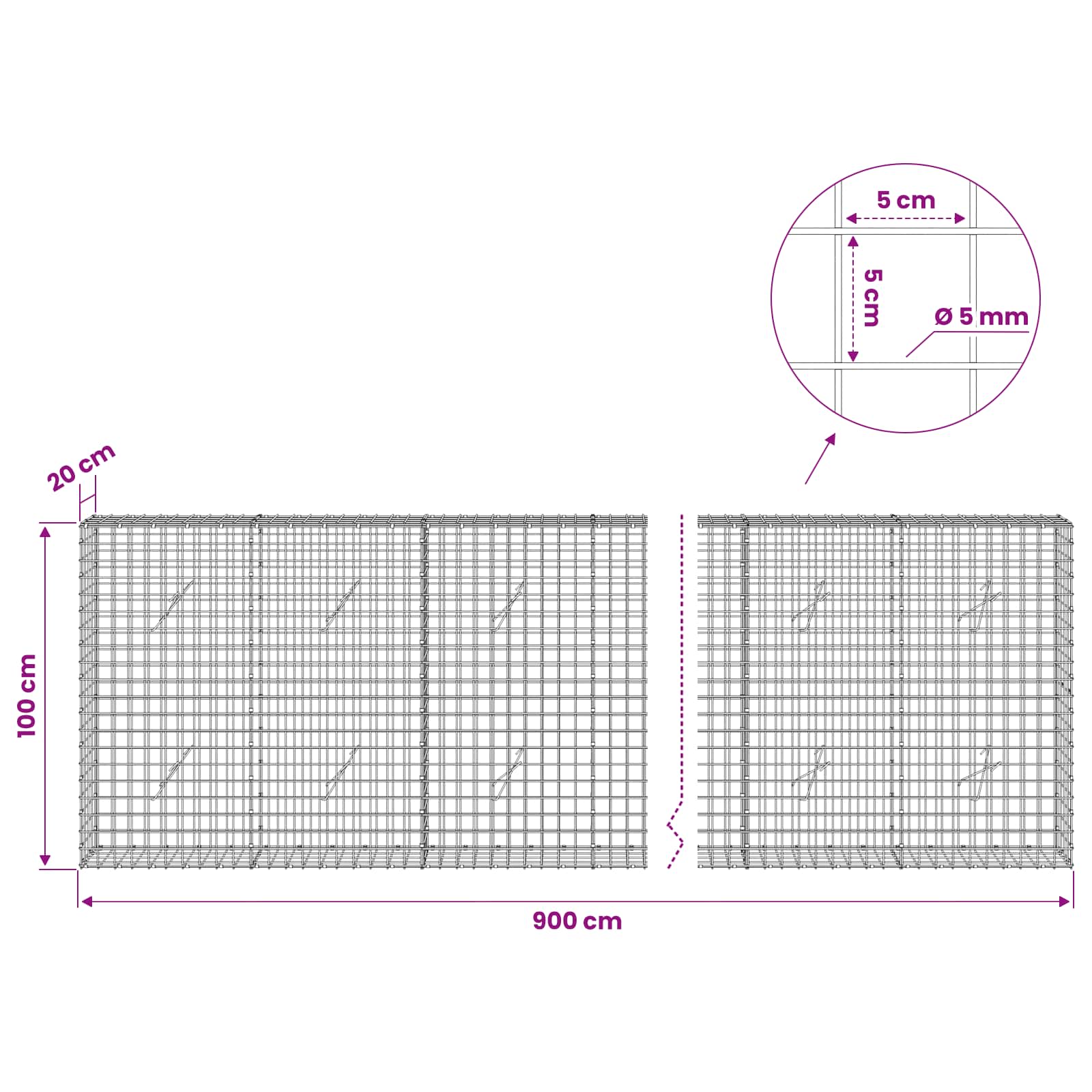 Gabion z žico 5 mm in mrežo 5x5 cm 900x20x100 cm