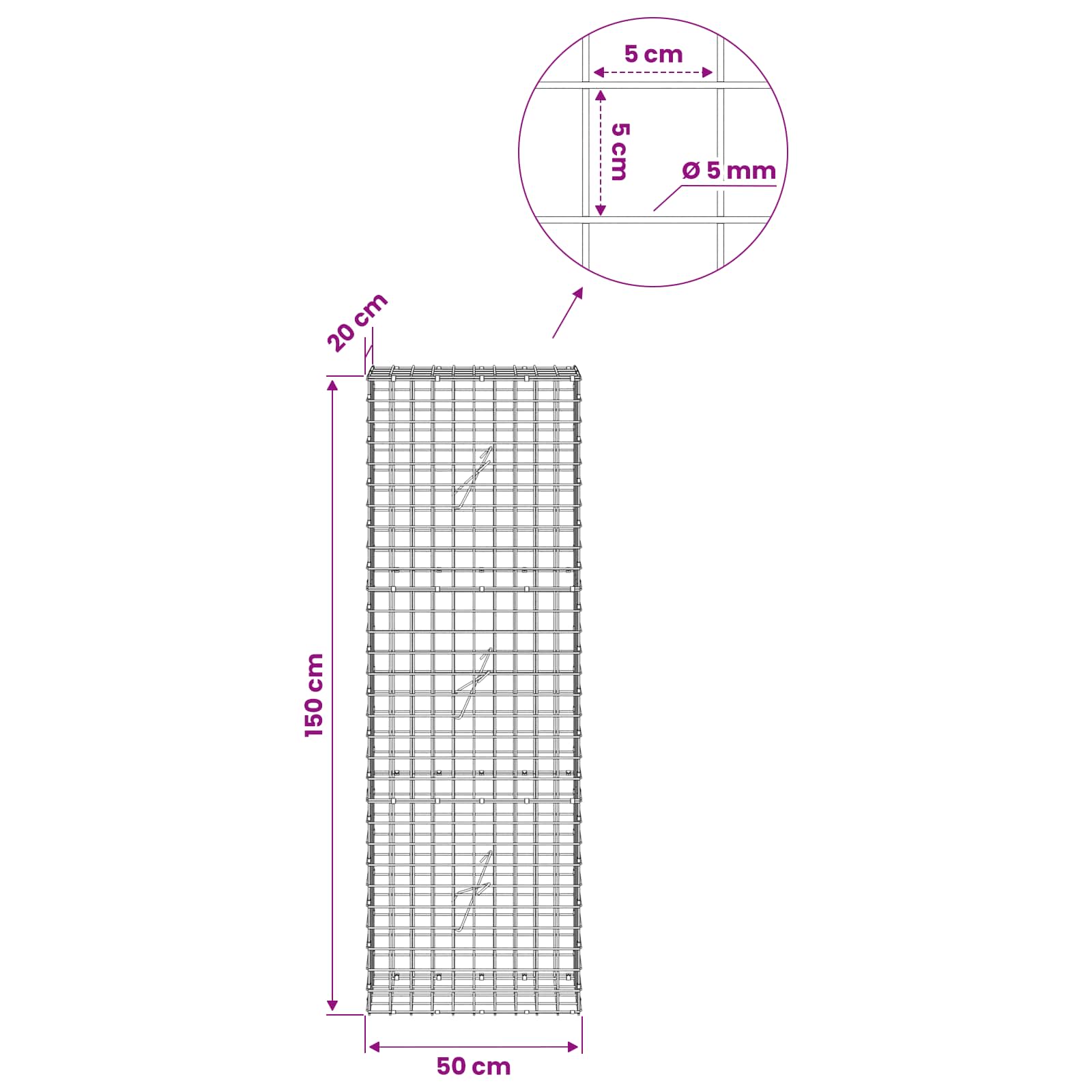 Gabion z žico 5 mm in mrežo 5x5 cm 50x20x150 cm Pocinkano jeklo